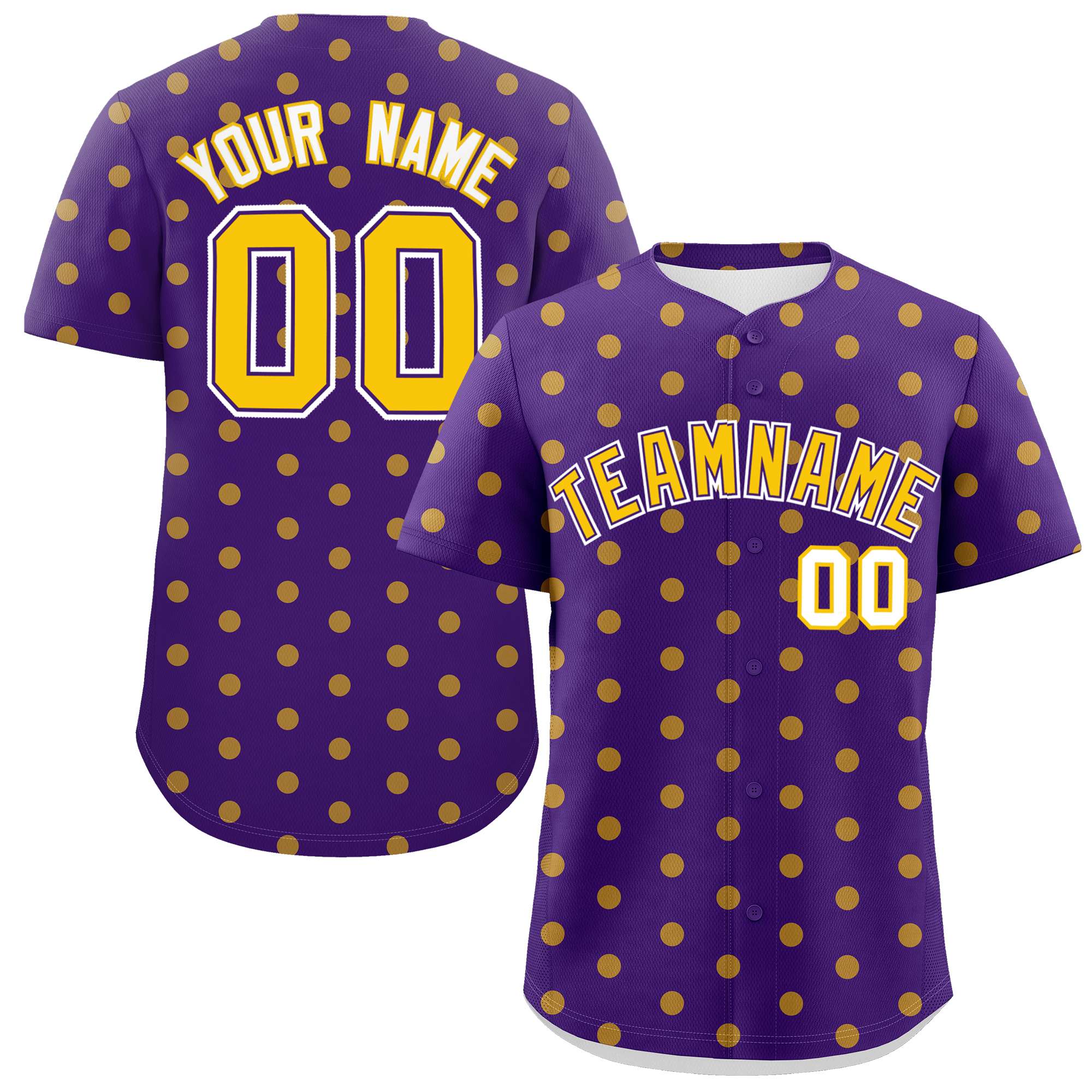 Custom Purple Gold Personalized Polka Dot Graffiti Pattern Authentic Baseball Jersey