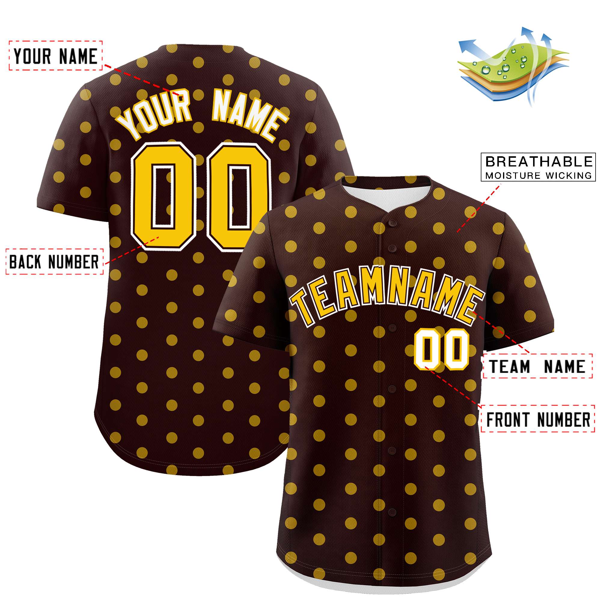 Custom Brown Gold Personalized Polka Dot Graffiti Pattern Authentic Baseball Jersey