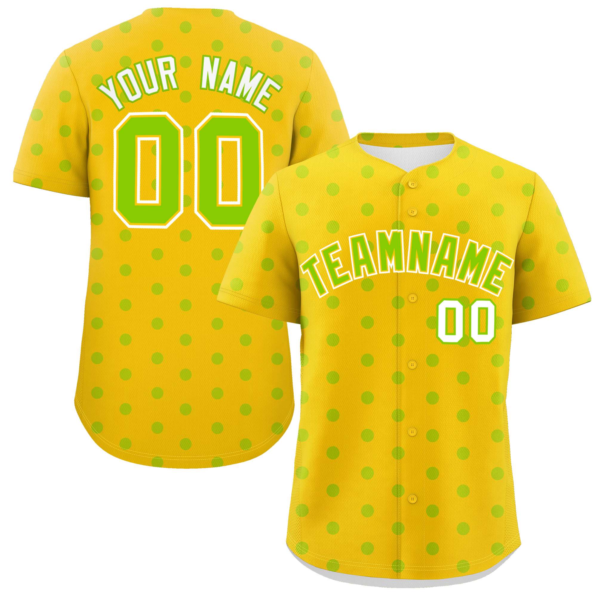 Custom Gold Neon Green Personalized Polka Dot Graffiti Pattern Authentic Baseball Jersey