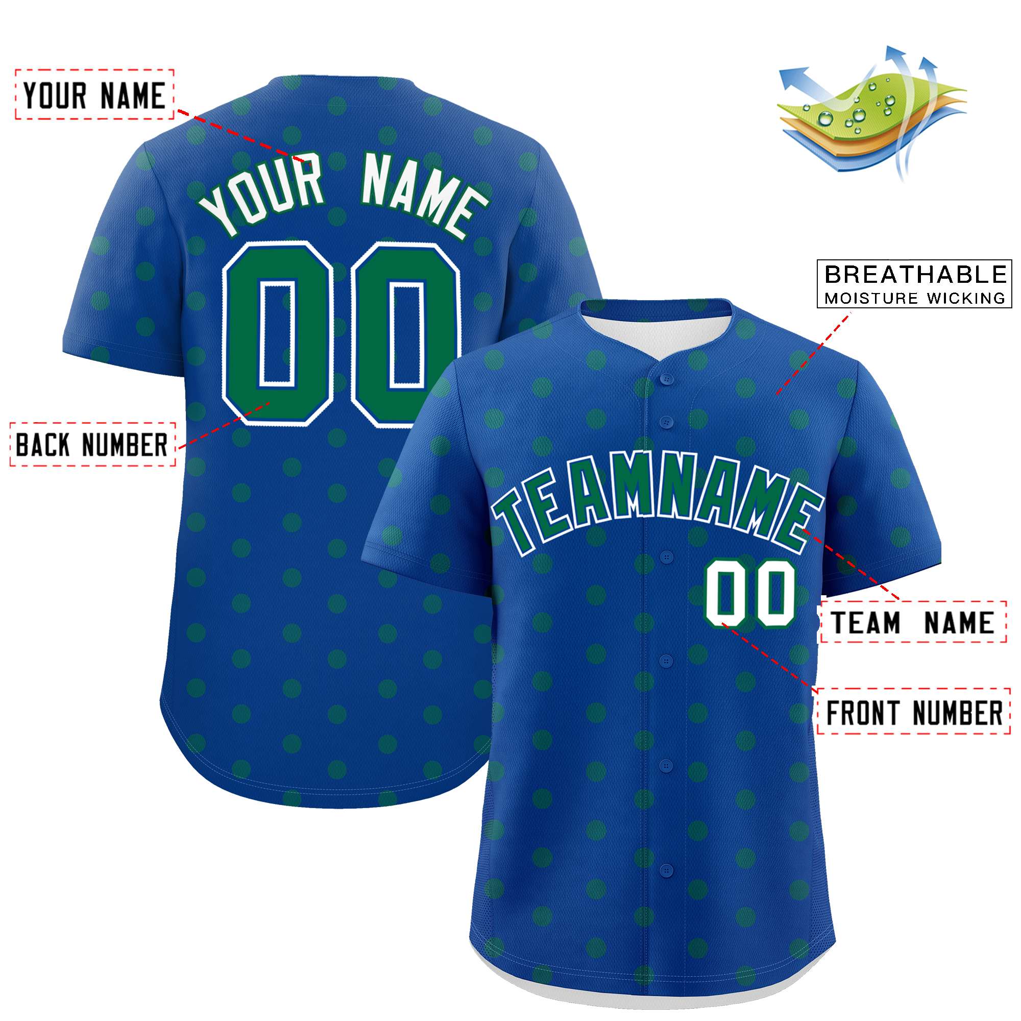 Custom Royal Kelly Green Personalized Polka Dot Graffiti Pattern Authentic Baseball Jersey