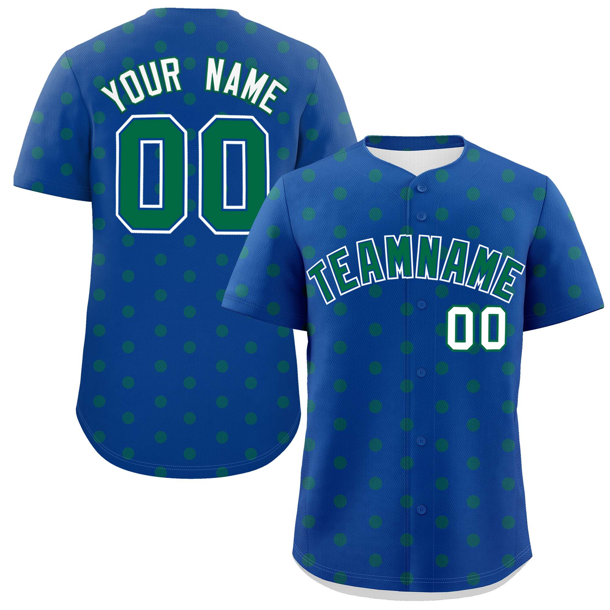 Custom Royal Kelly Green Personalized Polka Dot Graffiti Pattern Authentic Baseball Jersey