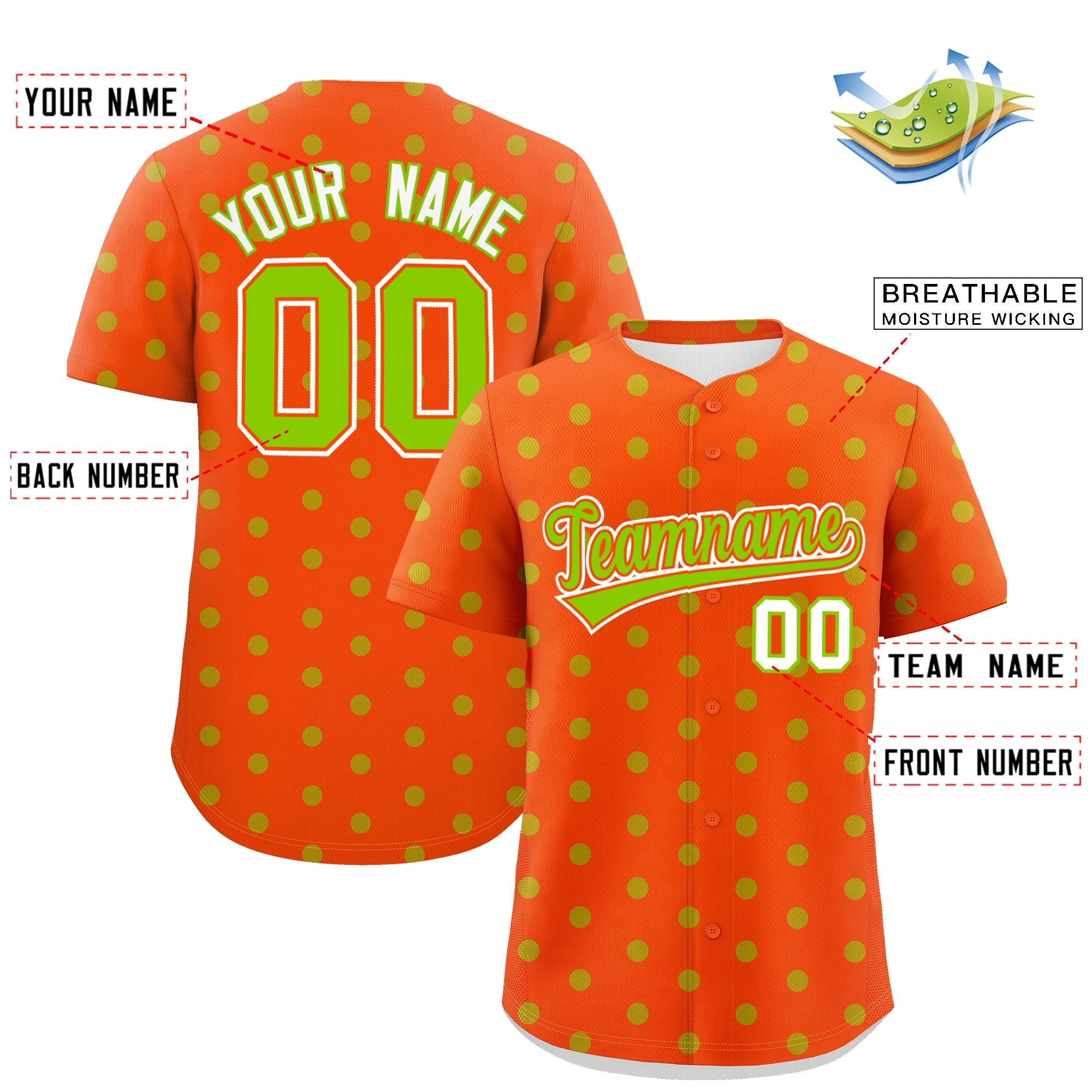 Custom Orange Neon Green Personalized Polka Dot Graffiti Pattern Authentic Baseball Jersey