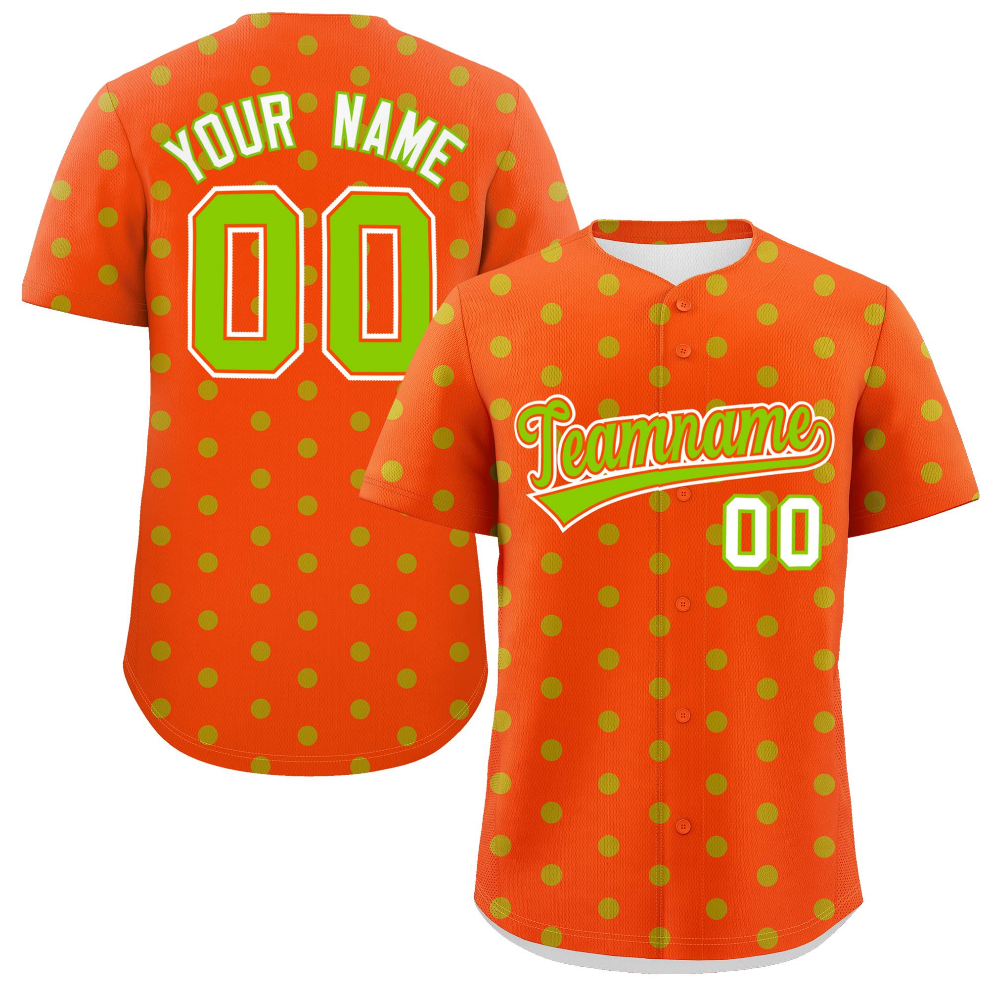 Custom Orange Neon Green Personalized Polka Dot Graffiti Pattern Authentic Baseball Jersey