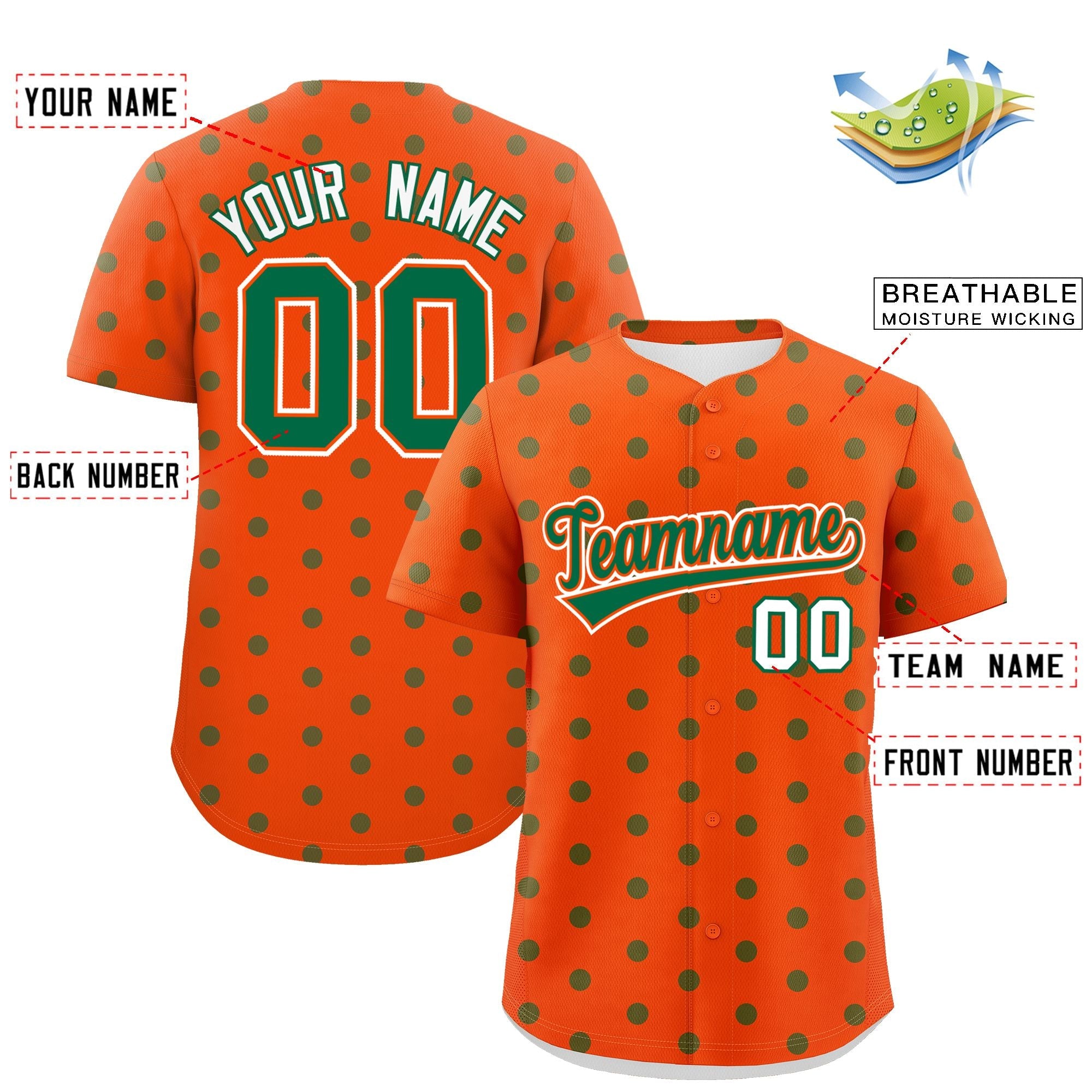 Custom Orange Kelly Green Personalized Polka Dot Graffiti Pattern Authentic Baseball Jersey