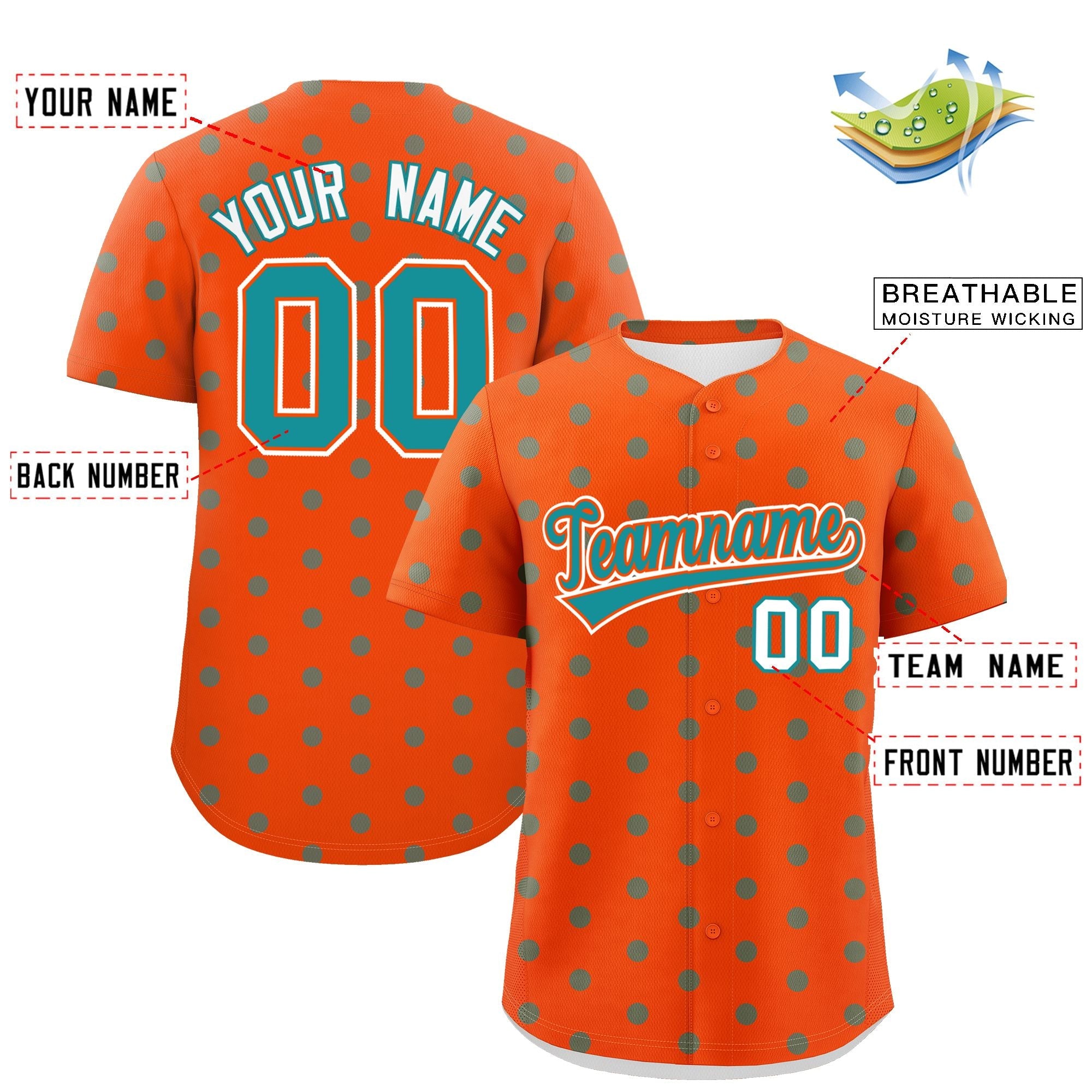 Custom Orange Aqua Personalized Polka Dot Graffiti Pattern Authentic Baseball Jersey