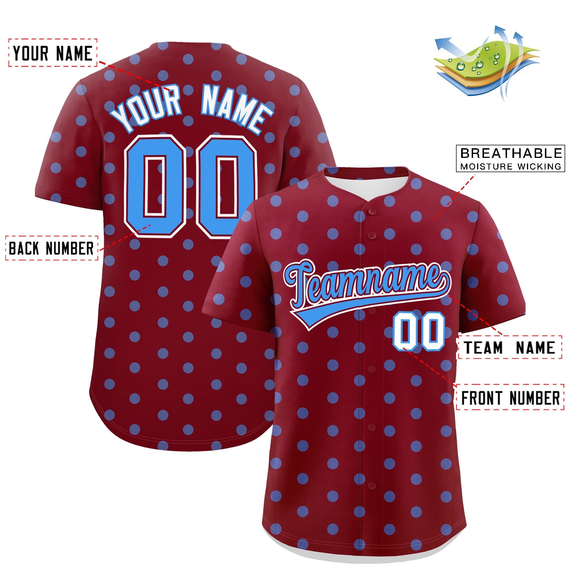 Custom Crimson Powder Blue Personalized Polka Dot Graffiti Pattern Authentic Baseball Jersey