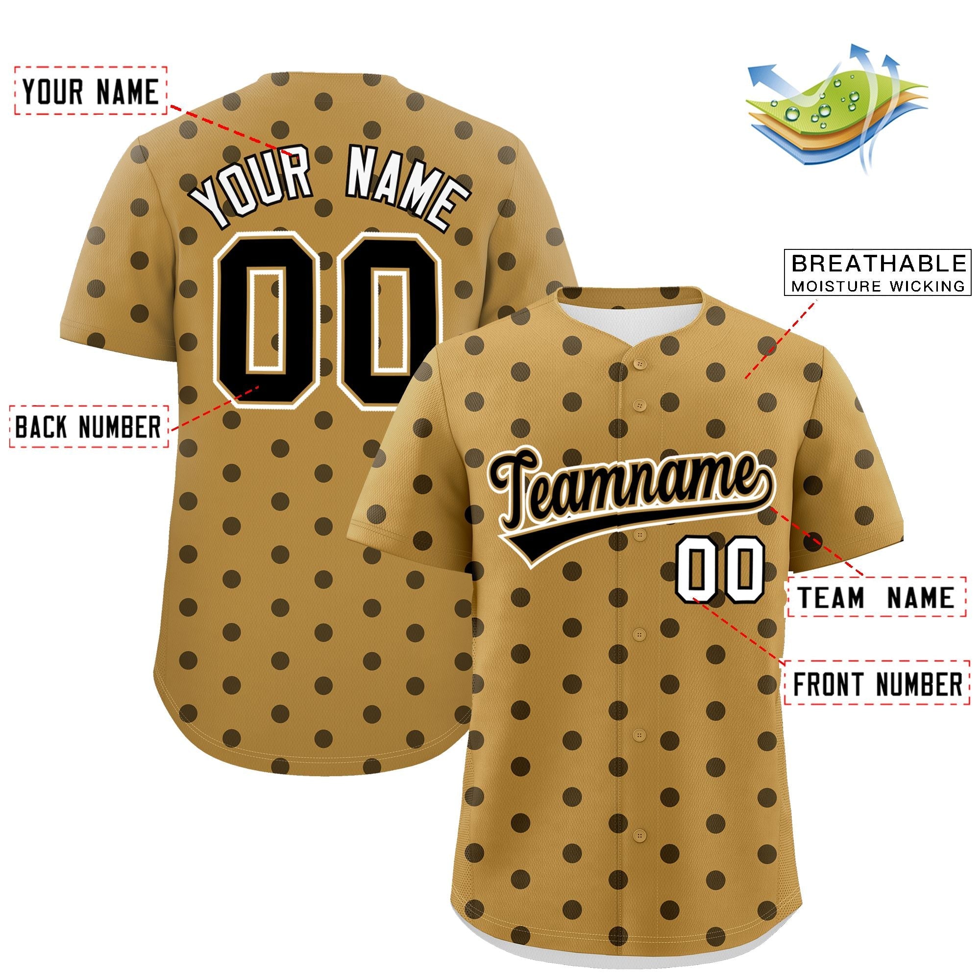 Custom Old Gold Black Personalized Polka Dot Graffiti Pattern Authentic Baseball Jersey