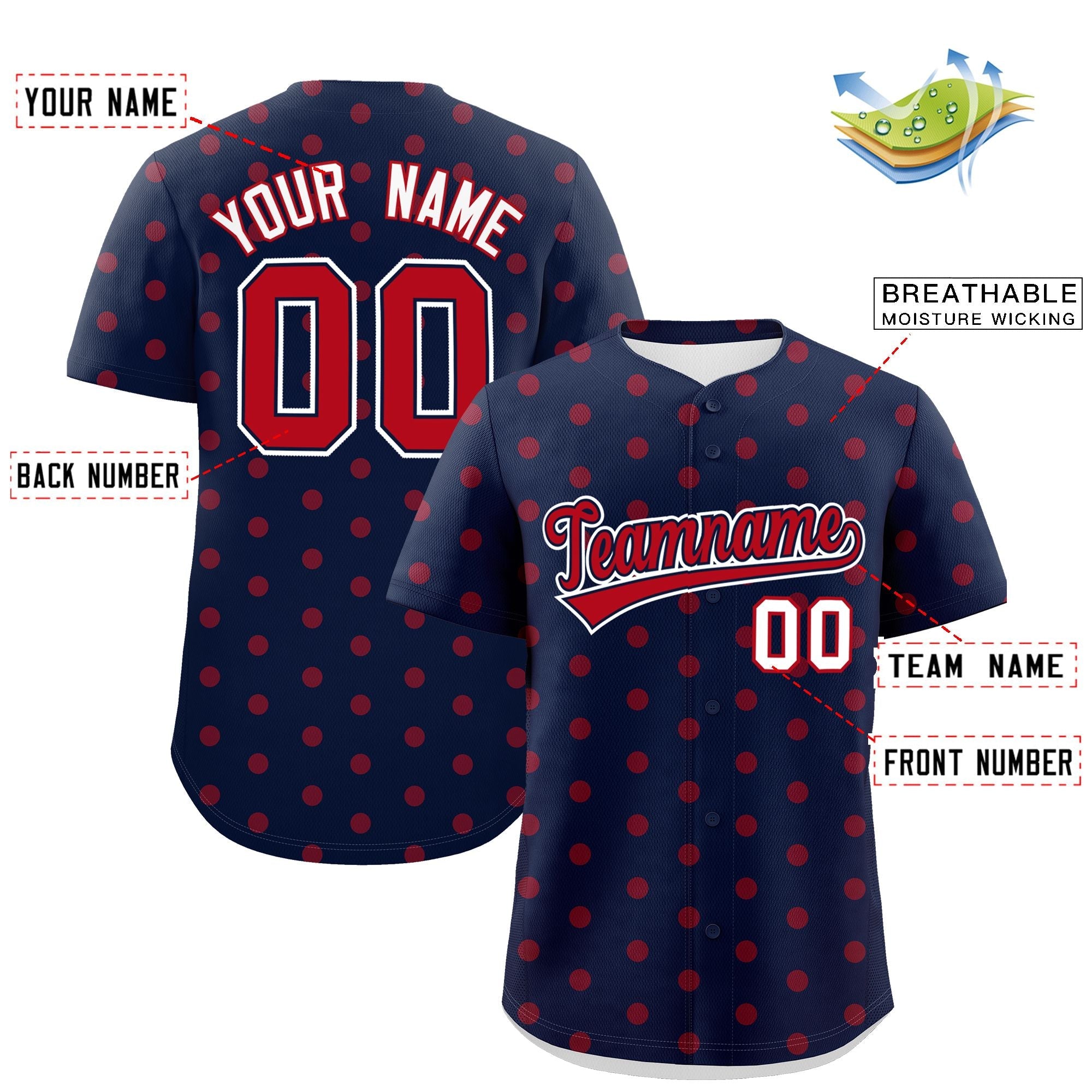 Custom Navy Red Personalized Polka Dot Graffiti Pattern Authentic Baseball Jersey