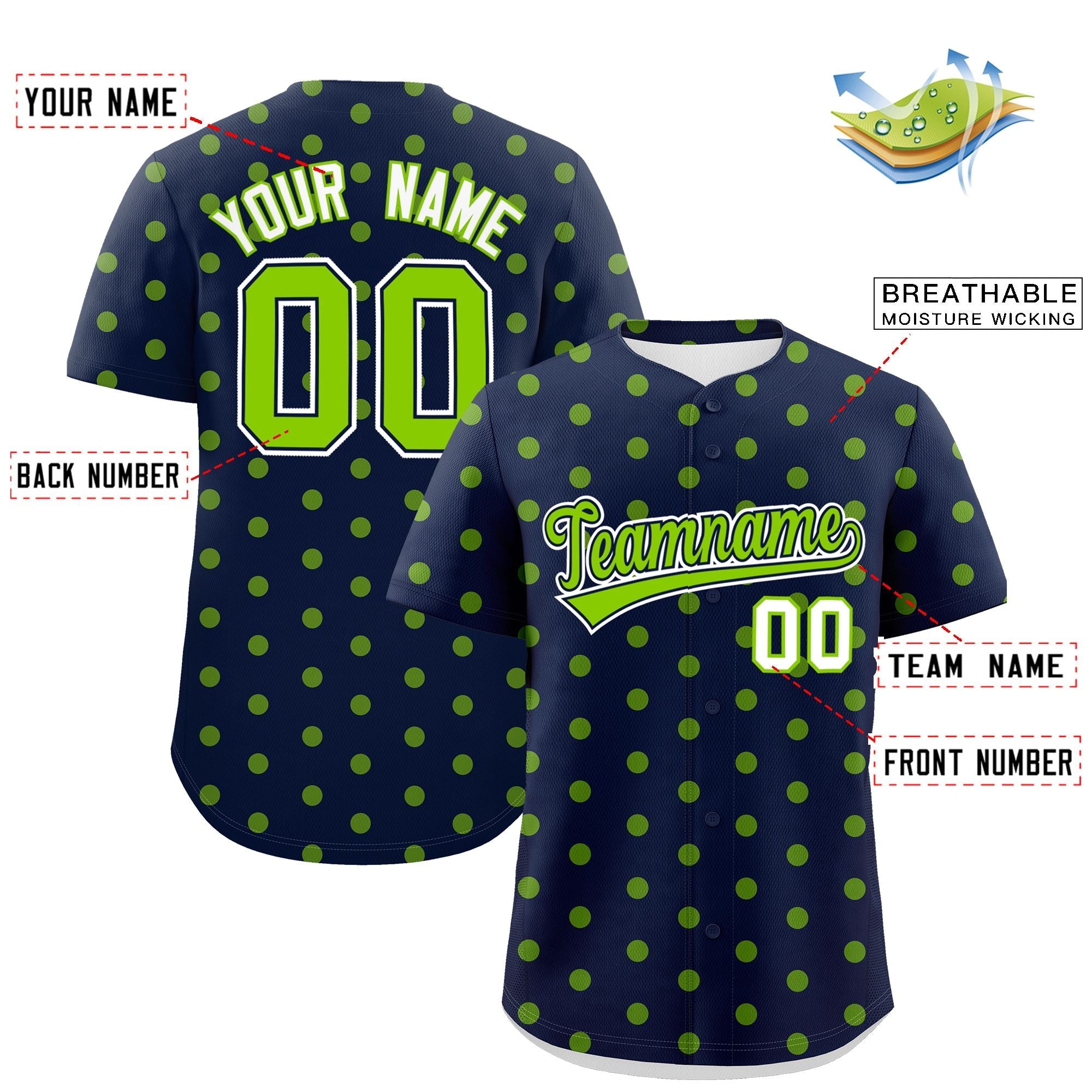 Custom Navy Neon Green Personalized Polka Dot Graffiti Pattern Authentic Baseball Jersey