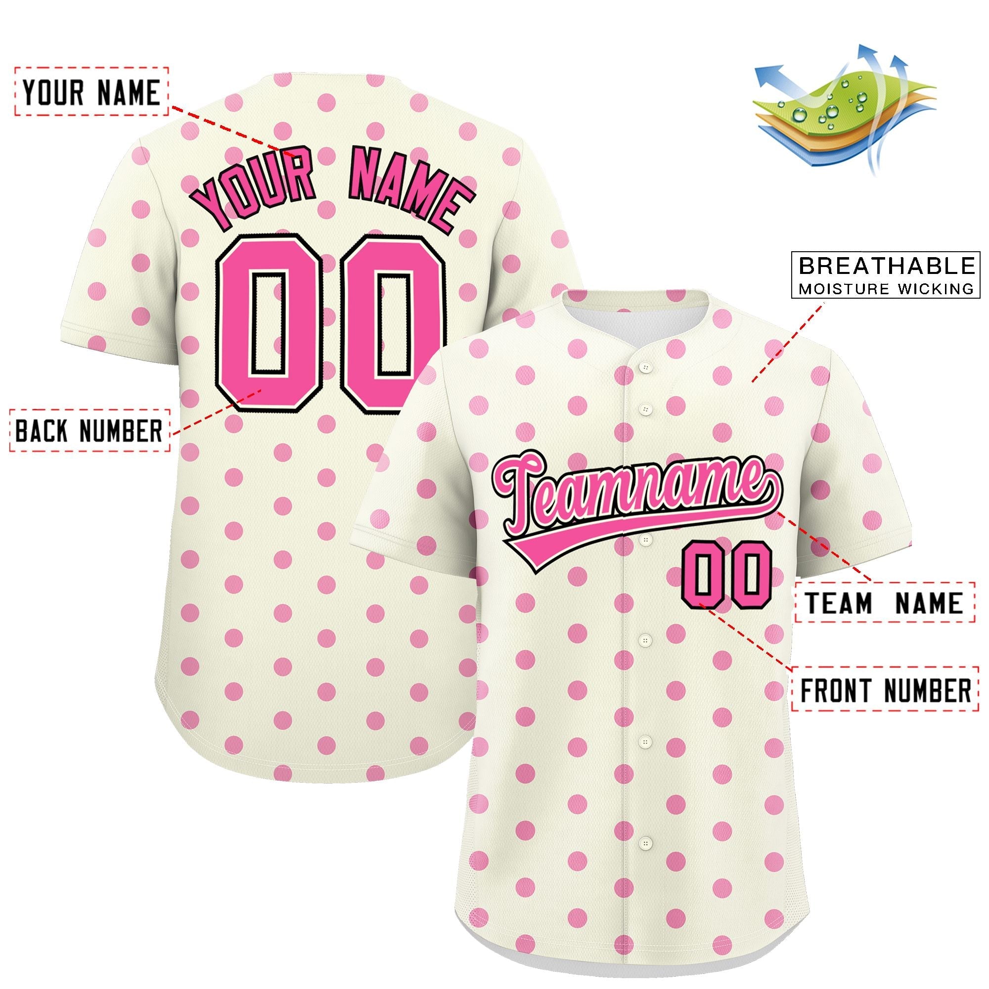 Custom Cream Pink Personalized Polka Dot Graffiti Pattern Authentic Baseball Jersey