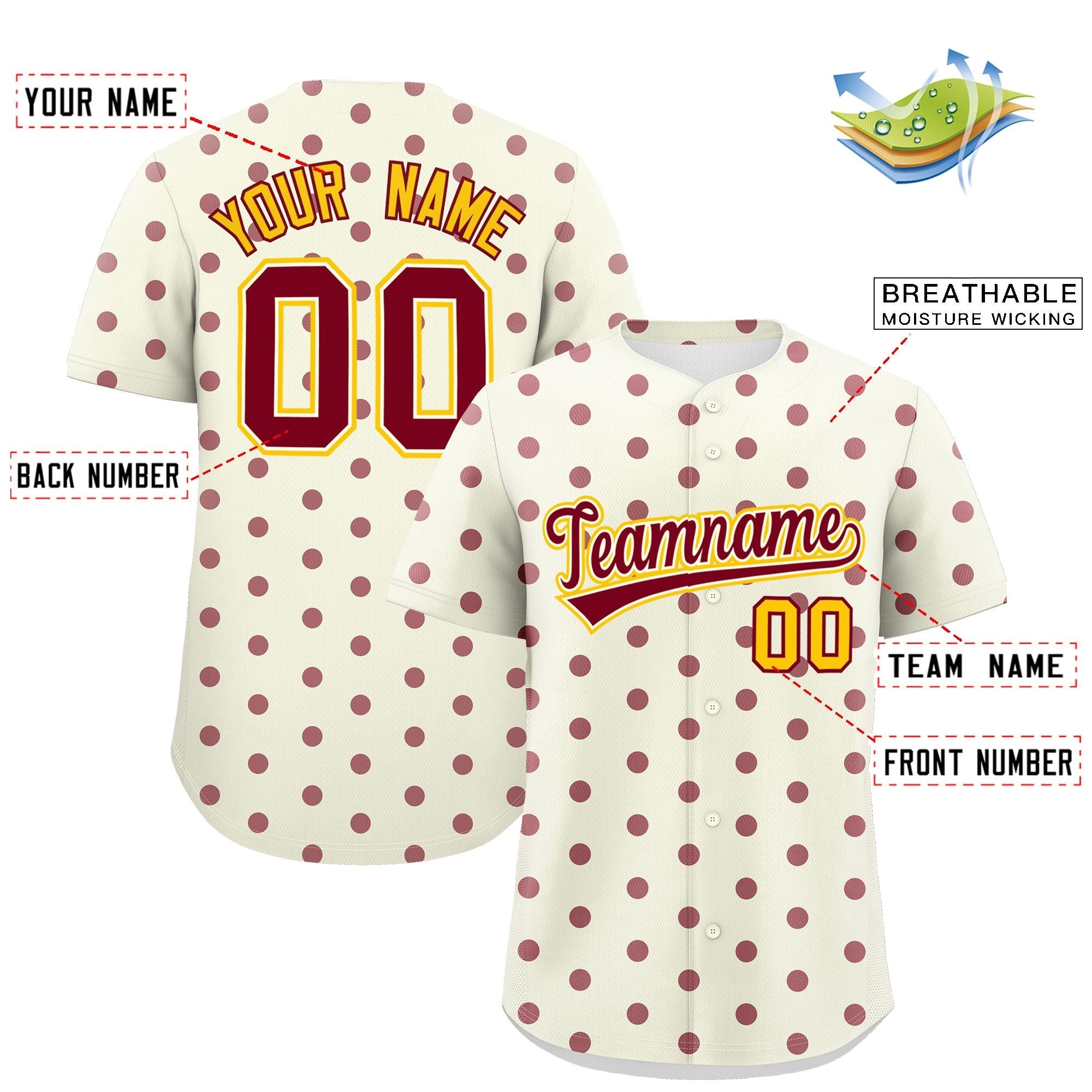 Custom Cream Crimson Personalized Polka Dot Graffiti Pattern Authentic Baseball Jersey