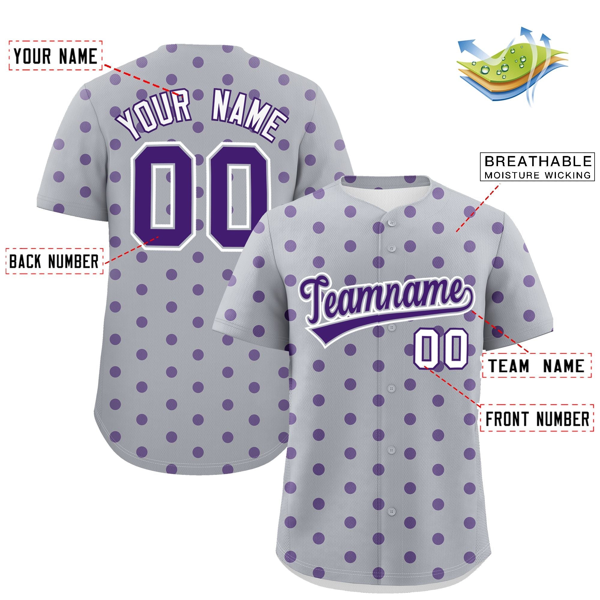 Custom Gray Purple Personalized Polka Dot Graffiti Pattern Authentic Baseball Jersey