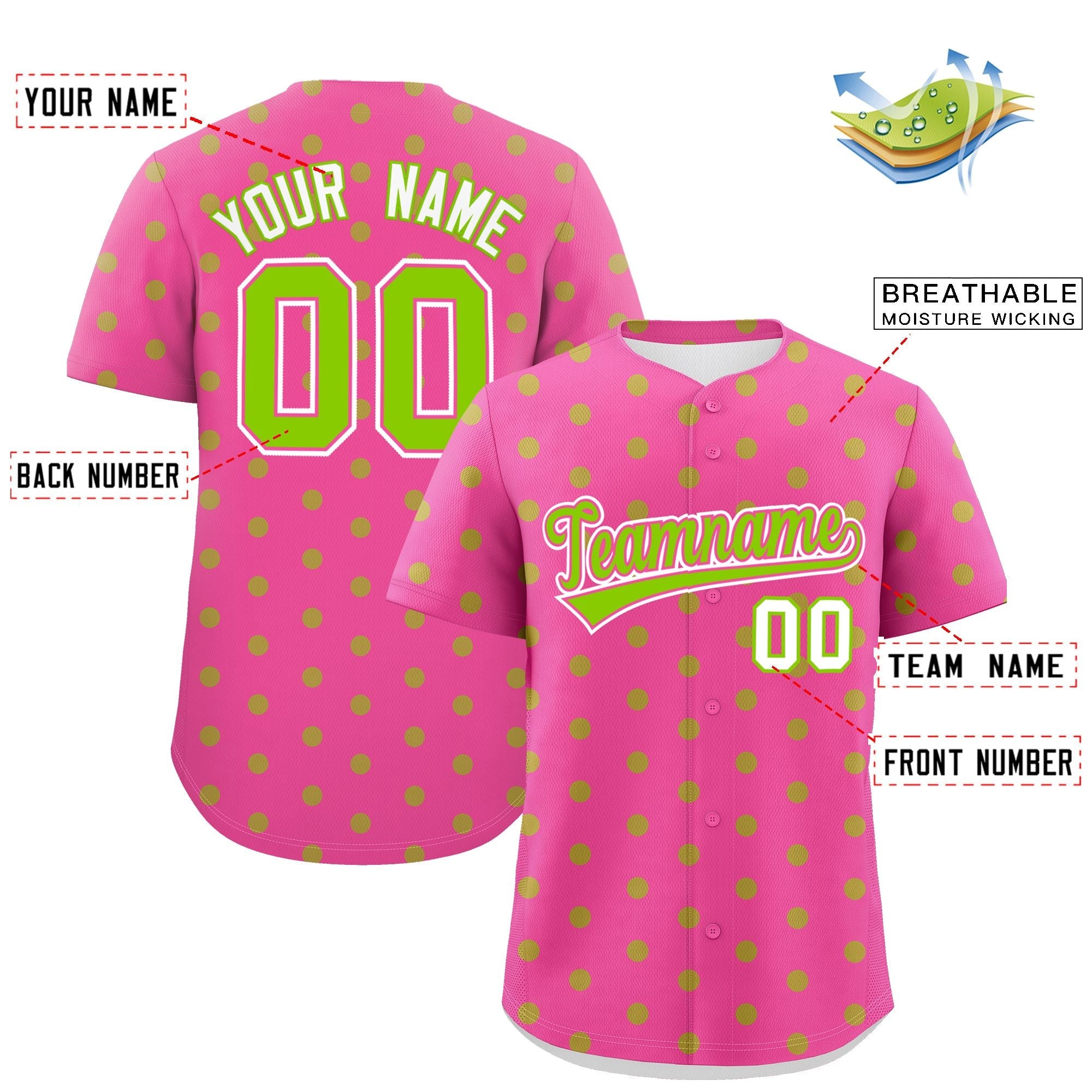 Custom Pink Neon Green Personalized Polka Dot Graffiti Pattern Authentic Baseball Jersey