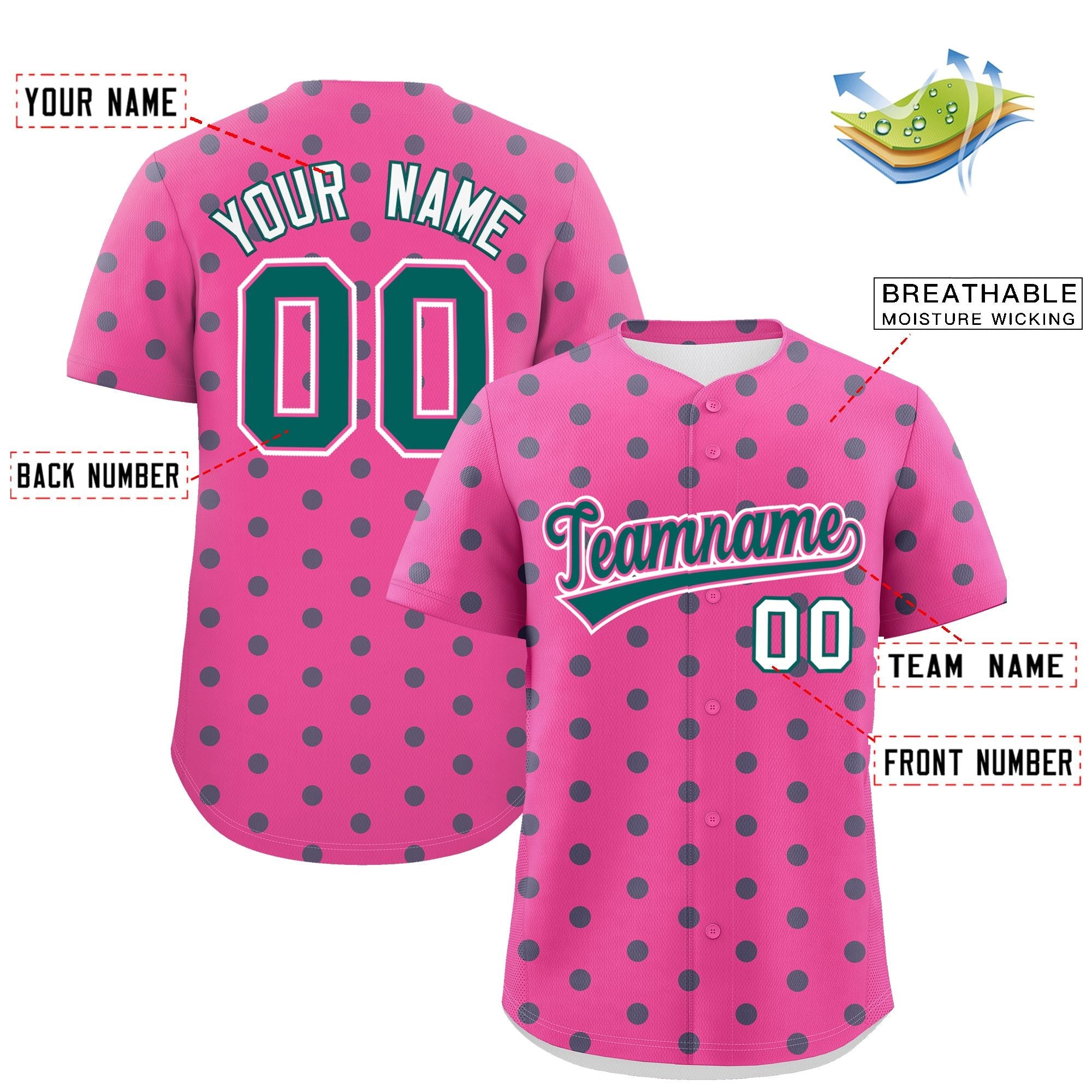 Custom Pink Aqua Personalized Polka Dot Graffiti Pattern Authentic Baseball Jersey