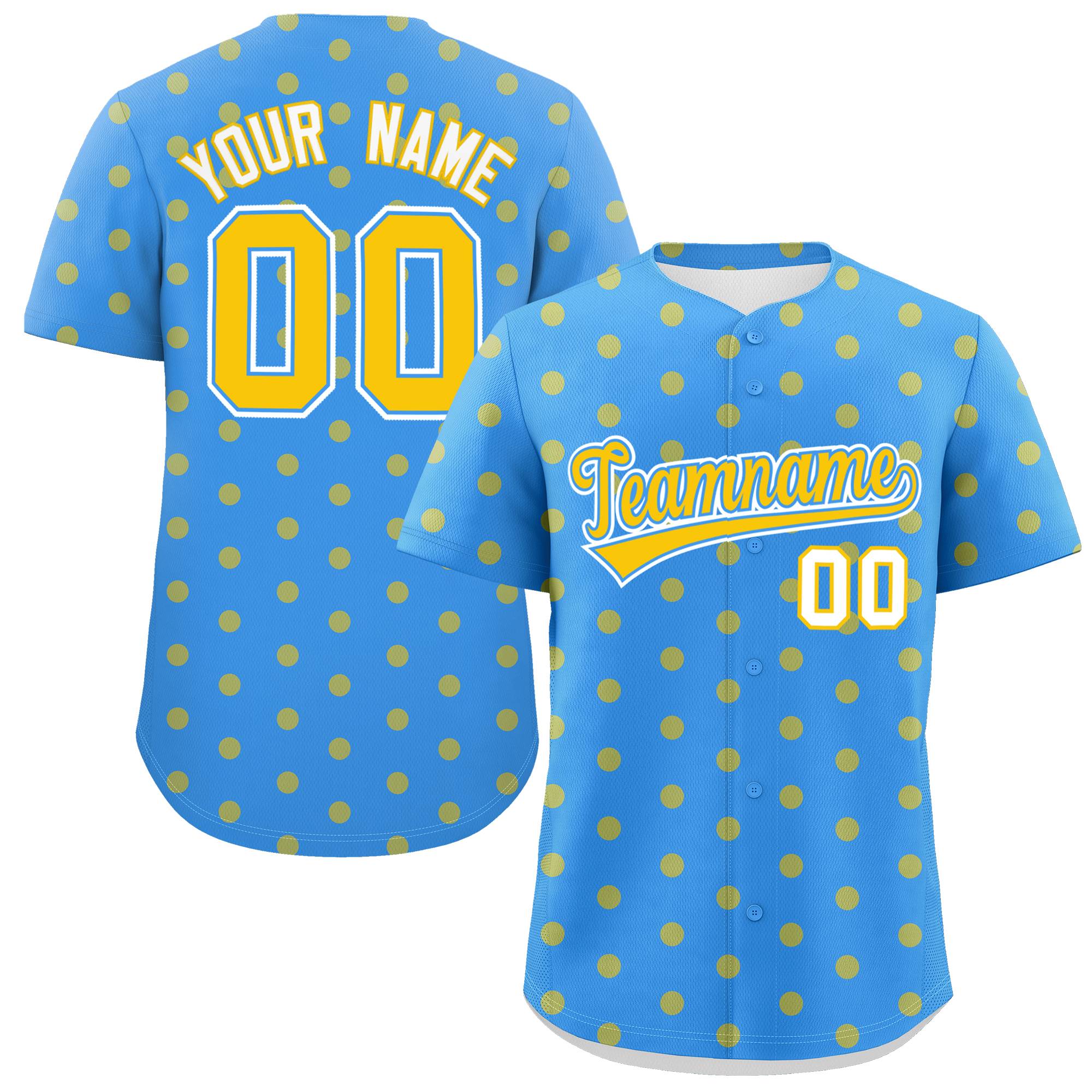 Custom Powder Blue Gold Personalized Polka Dot Graffiti Pattern Authentic Baseball Jersey