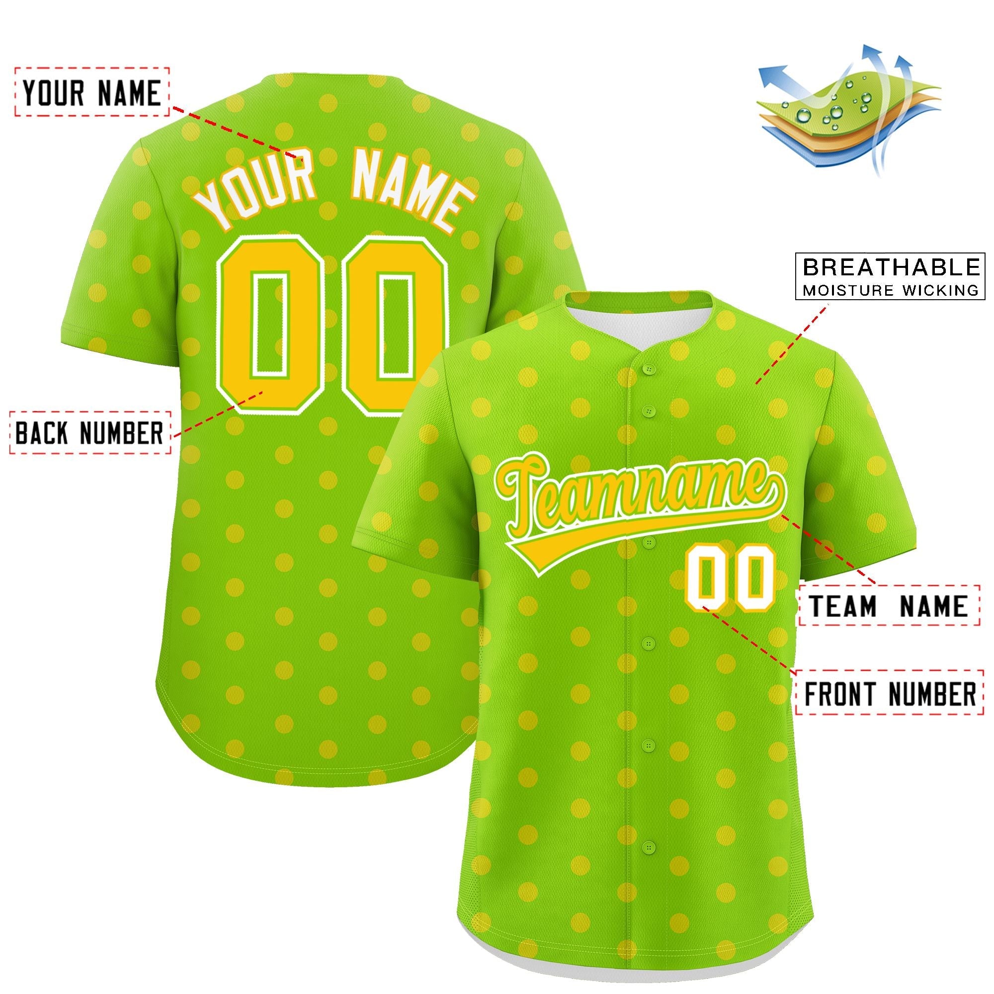 Custom Neon Green Gold Personalized Polka Dot Graffiti Pattern Authentic Baseball Jersey