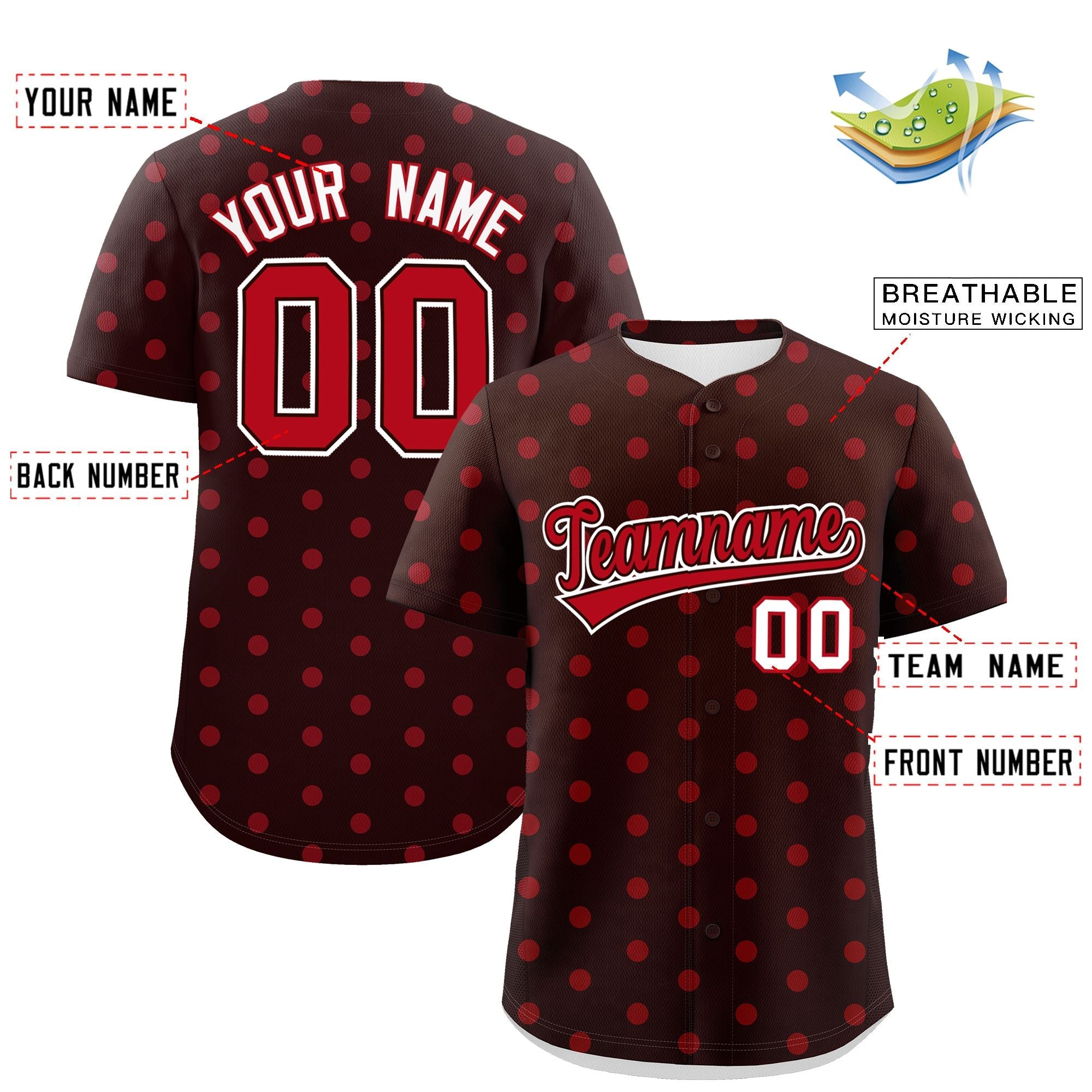 Custom Brown Red Personalized Polka Dot Graffiti Pattern Authentic Baseball Jersey