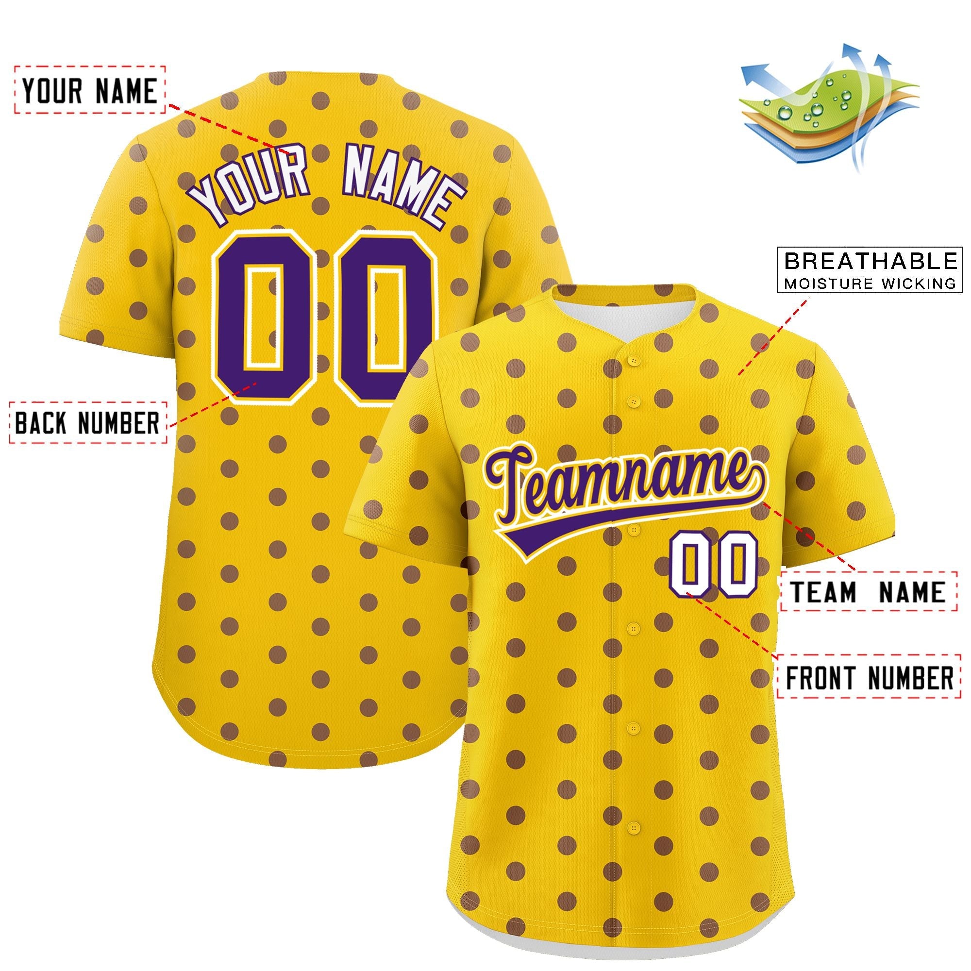 Custom Gold Purple Personalized Polka Dot Graffiti Pattern Authentic Baseball Jersey