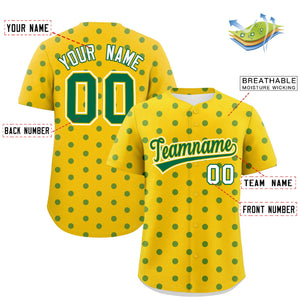 Custom Gold Kelly Green Personalized Polka Dot Graffiti Pattern Authentic Baseball Jersey