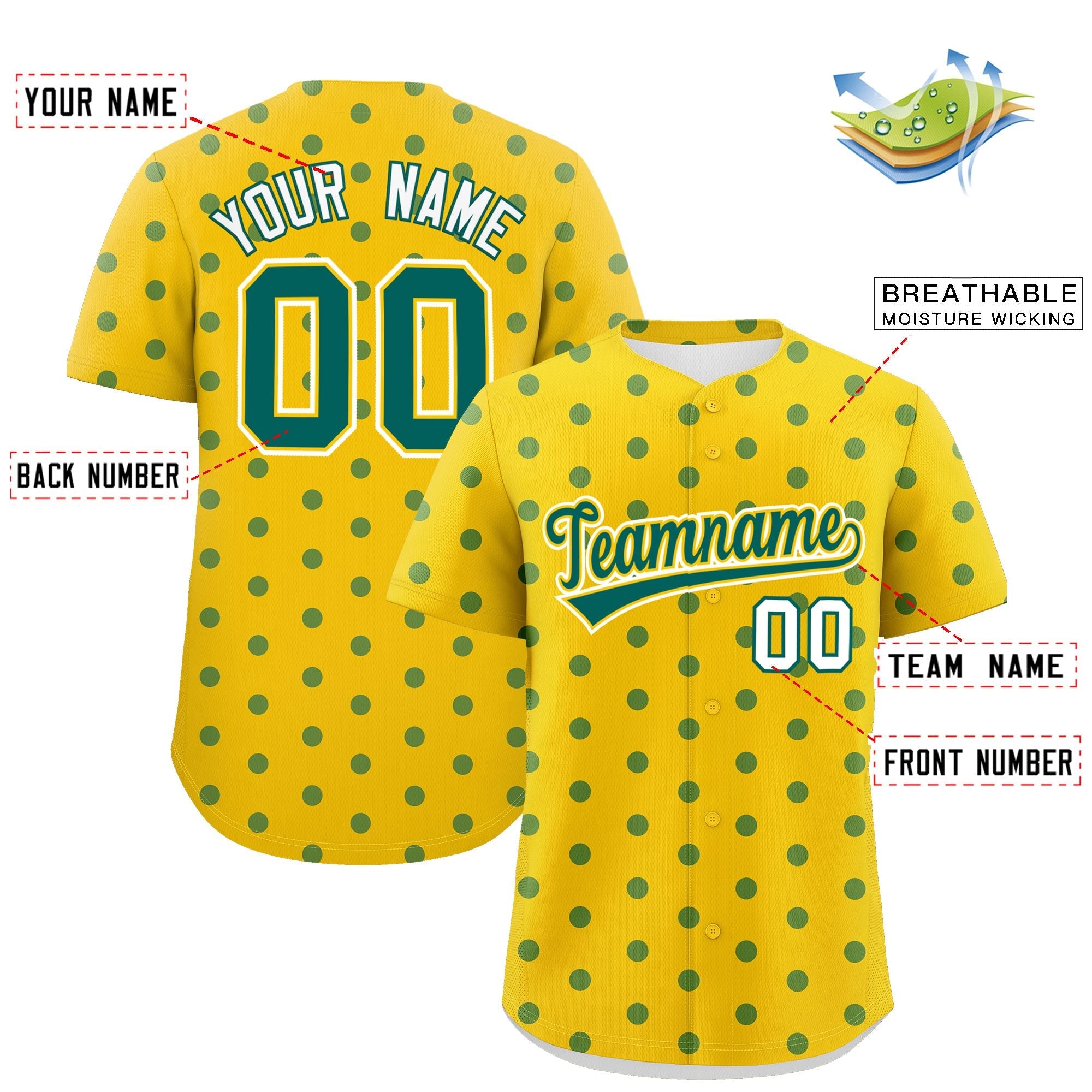 Custom Gold Aqua Personalized Polka Dot Graffiti Pattern Authentic Baseball Jersey