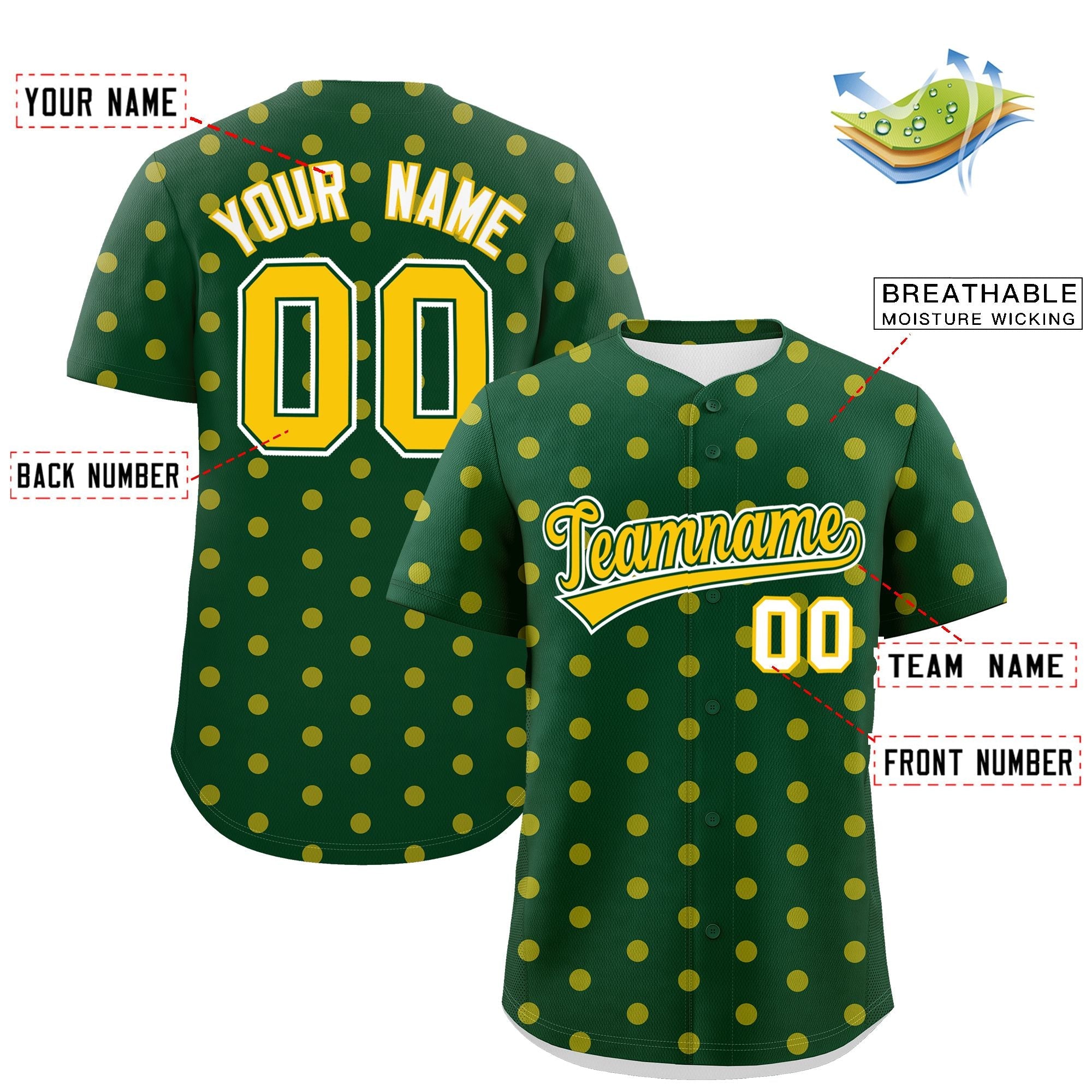 Custom Green Gold Personalized Polka Dot Graffiti Pattern Authentic Baseball Jersey