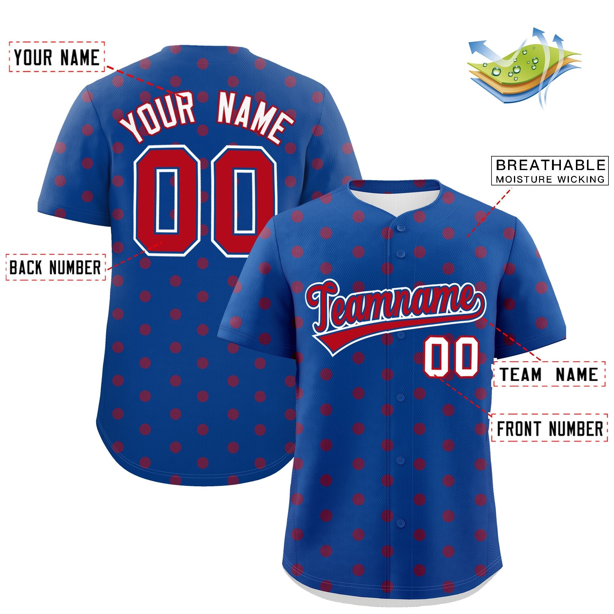 Custom Royal Red Personalized Polka Dot Graffiti Pattern Authentic Baseball Jersey