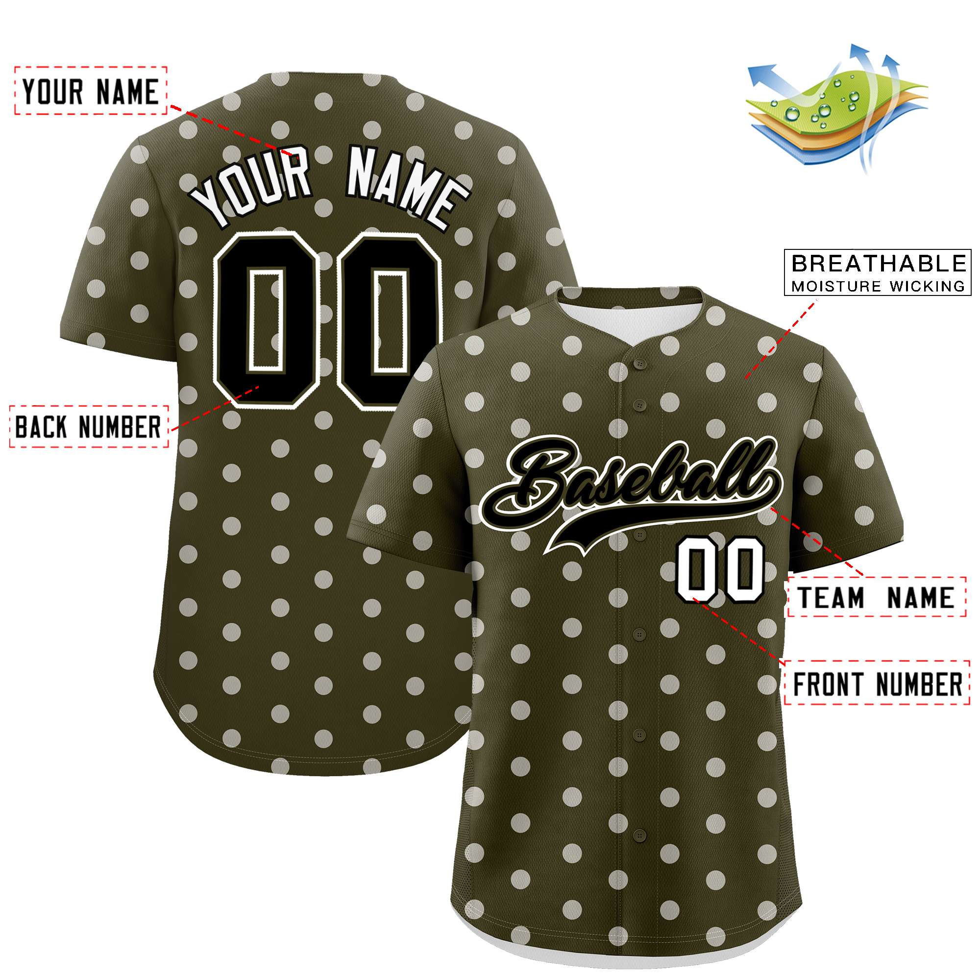 Custom Olive White Personalized Polka Dot Graffiti Pattern Authentic Baseball Jersey