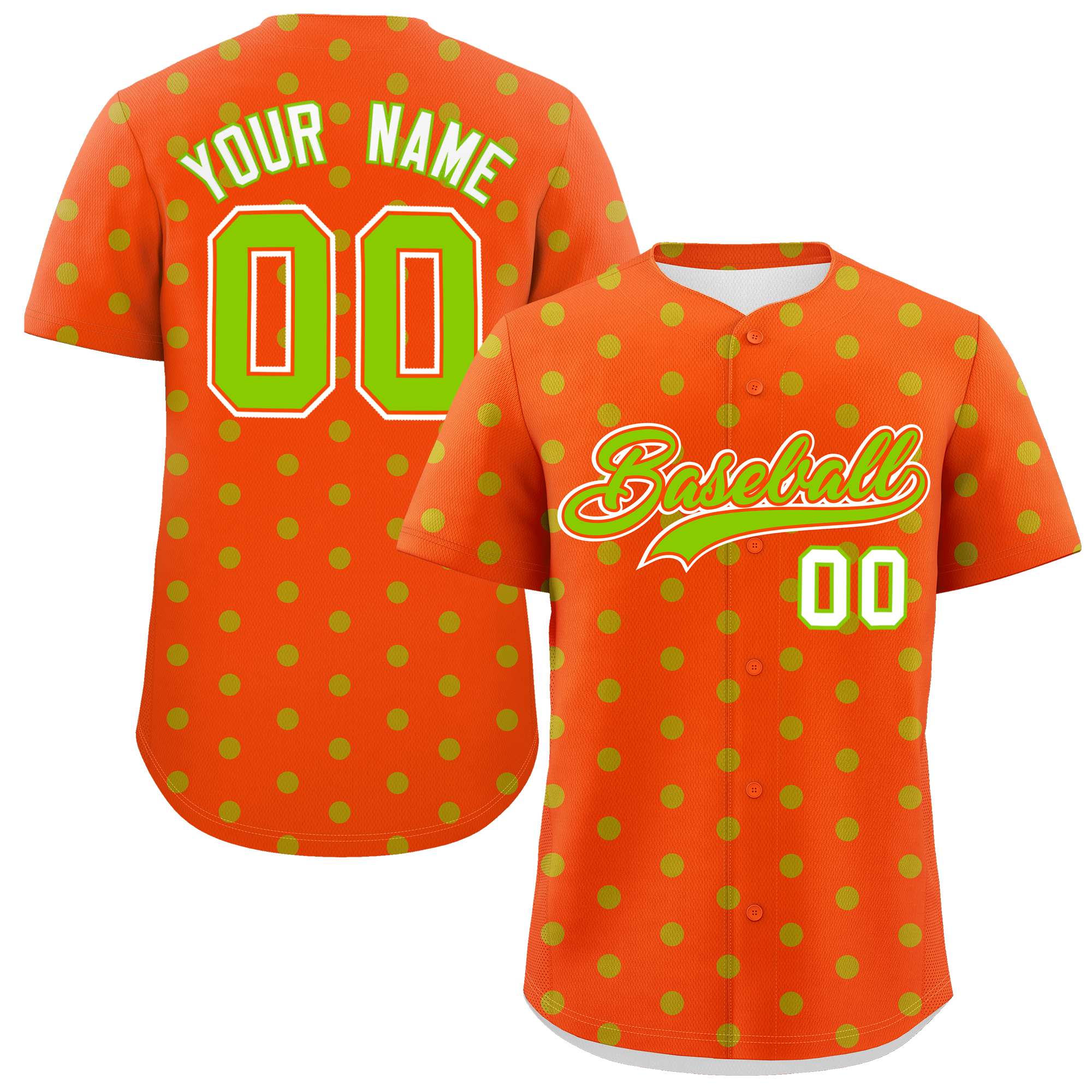 Custom Orange Neon Green Personalized Polka Dot Graffiti Pattern Authentic Baseball Jersey