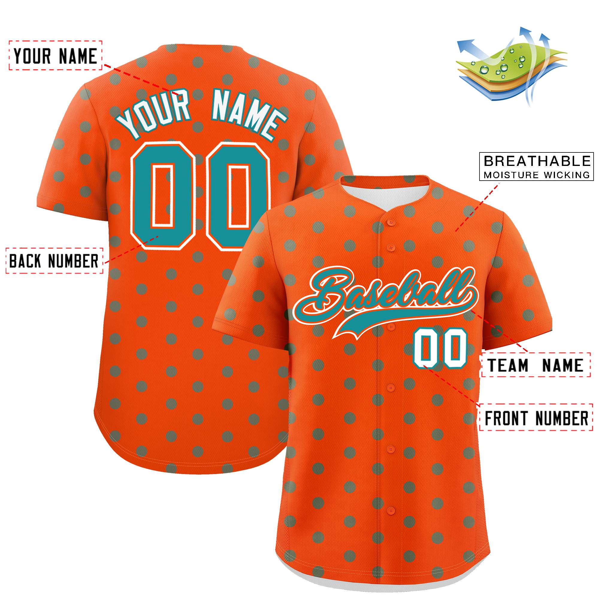 Custom Orange Aqua Personalized Polka Dot Graffiti Pattern Authentic Baseball Jersey