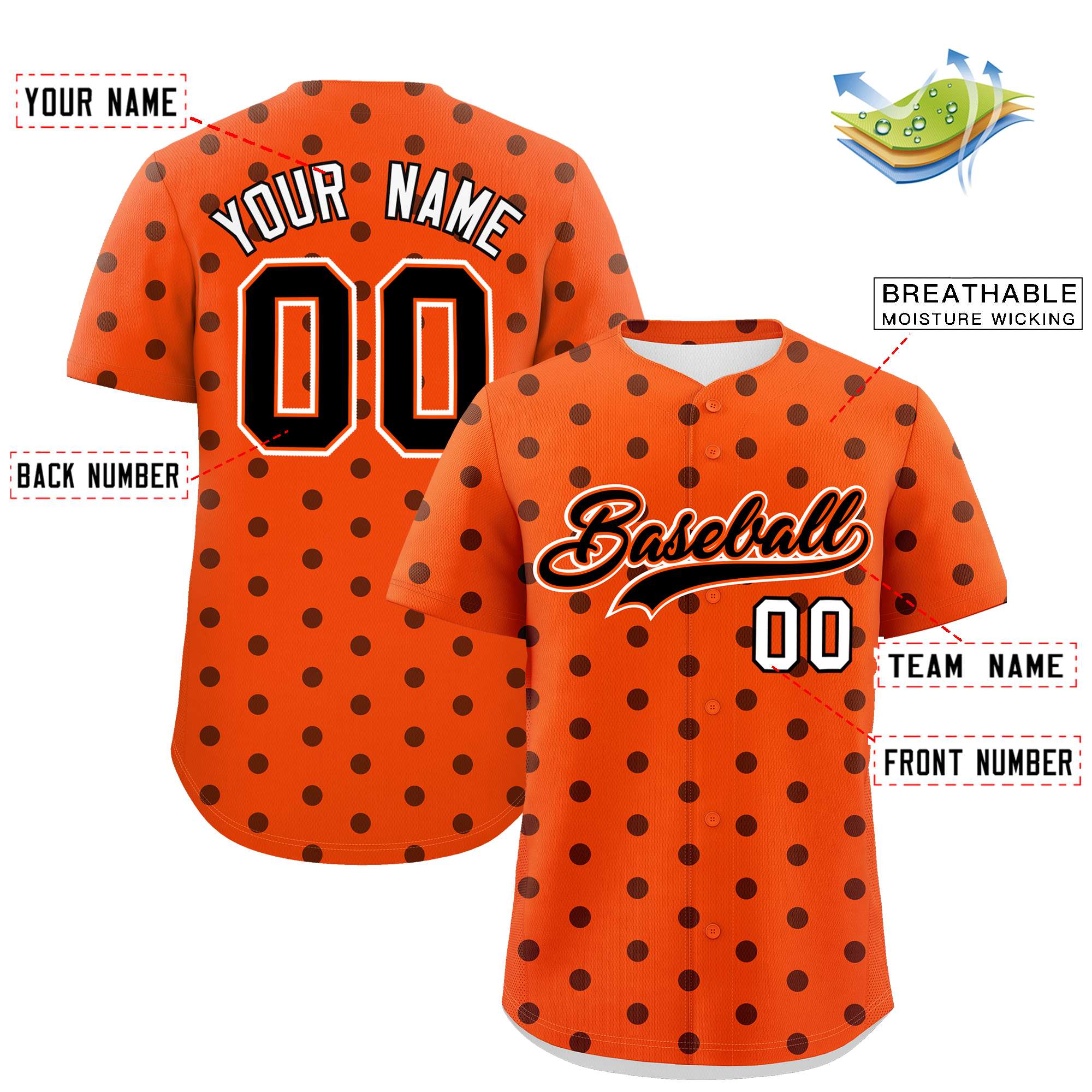 Custom Orange Black Personalized Polka Dot Graffiti Pattern Authentic Baseball Jersey