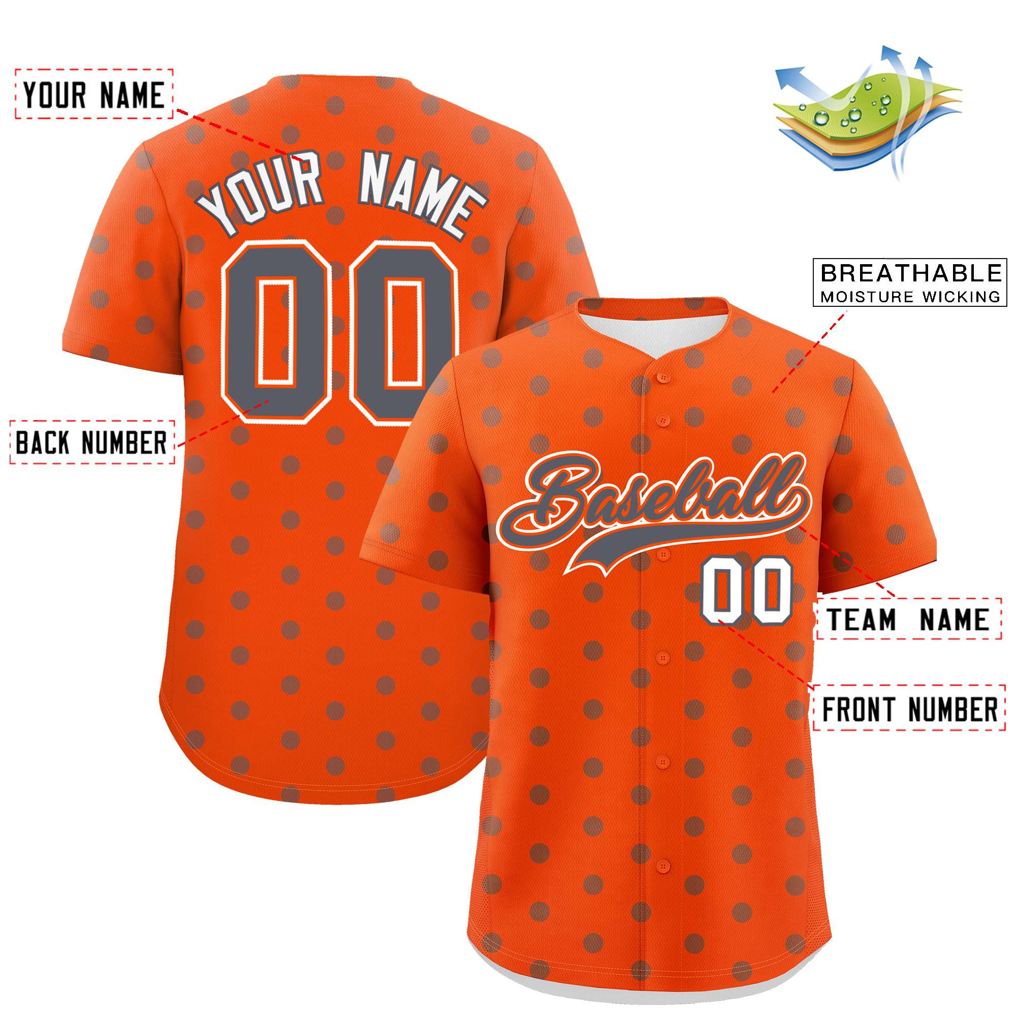 Custom Orange Dark Gray Personalized Polka Dot Graffiti Pattern Authentic Baseball Jersey