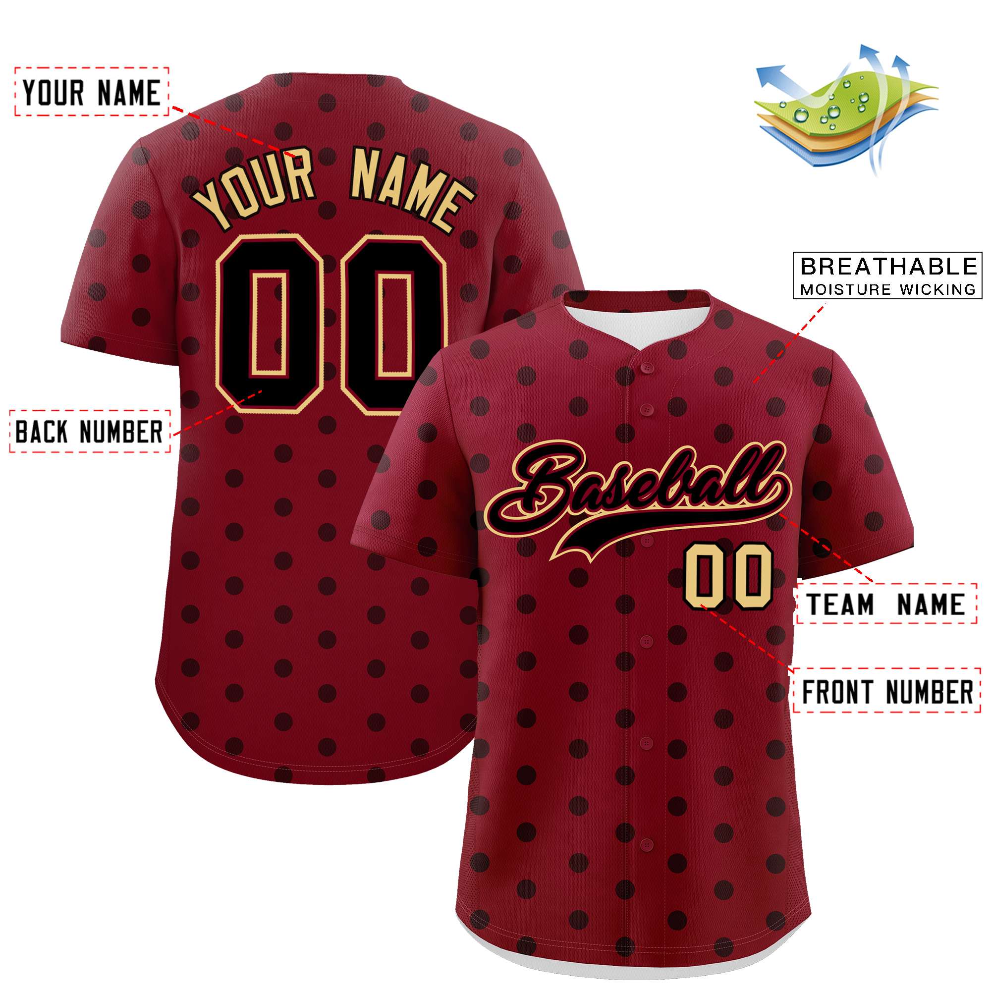 Custom Crimson Black Personalized Polka Dot Graffiti Pattern Authentic Baseball Jersey