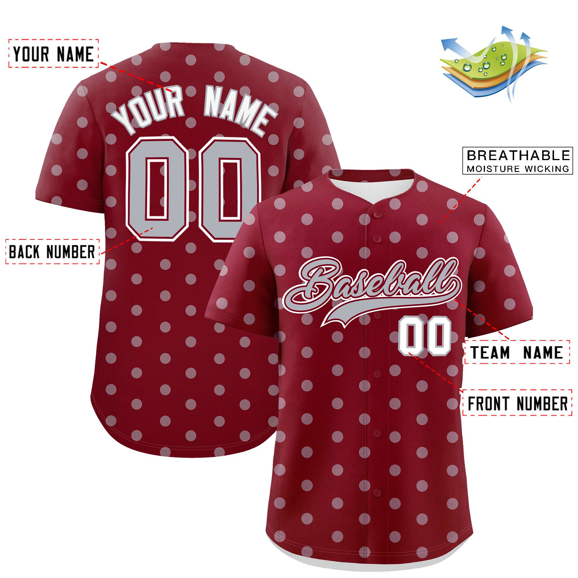 Custom Crimson Gray Personalized Polka Dot Graffiti Pattern Authentic Baseball Jersey