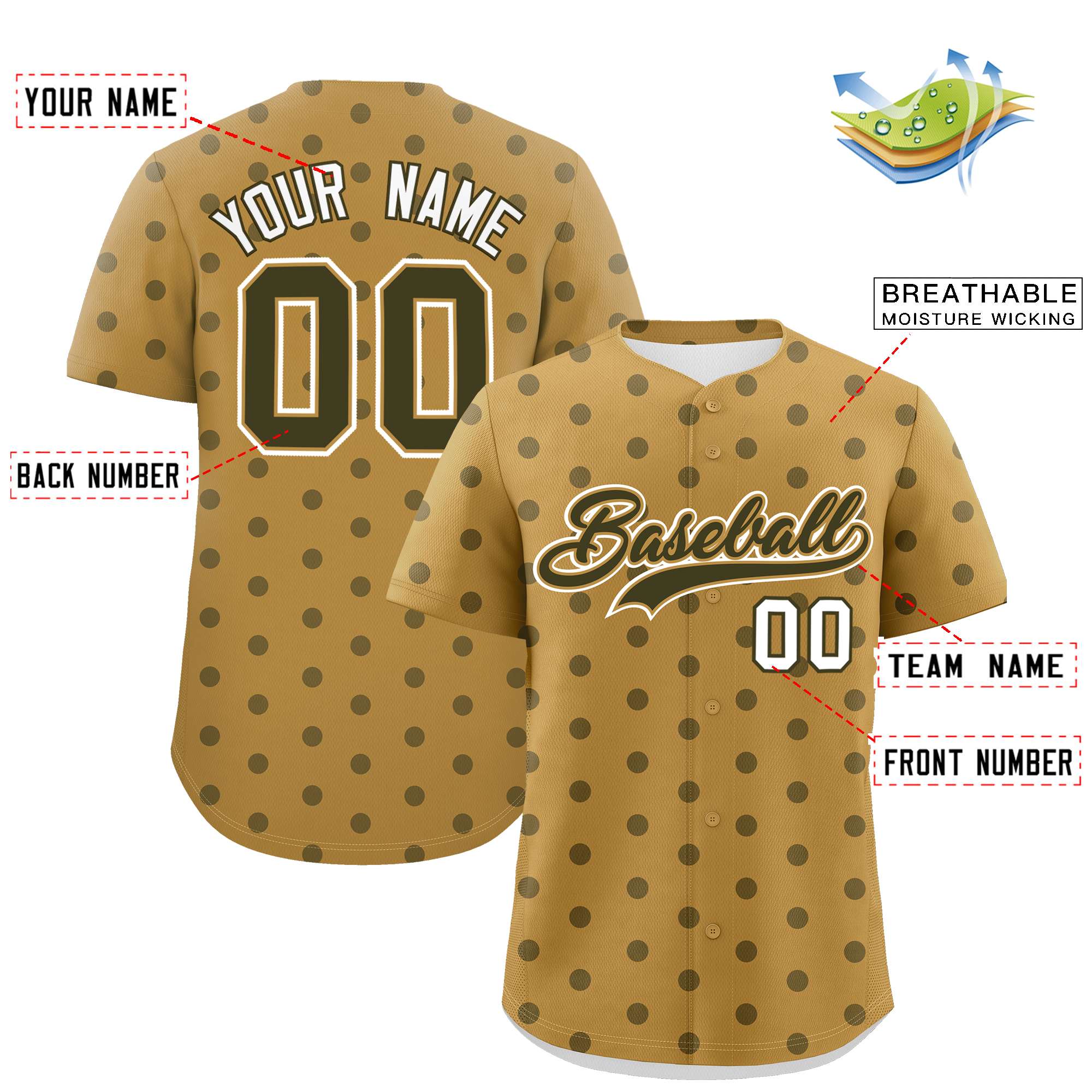 Custom Old Gold Olive Personalized Polka Dot Graffiti Pattern Authentic Baseball Jersey