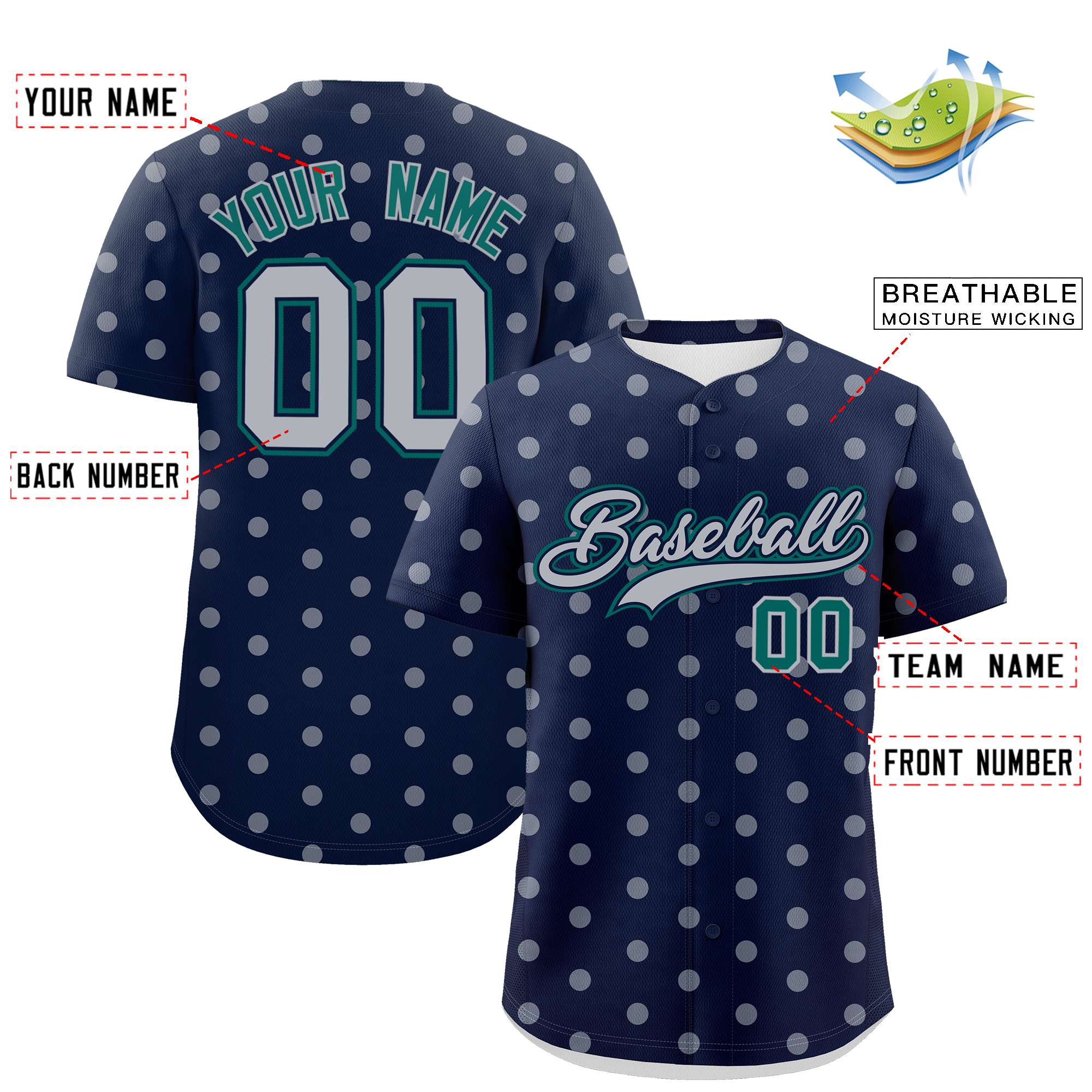 Custom Navy Gray Personalized Polka Dot Graffiti Pattern Authentic Baseball Jersey