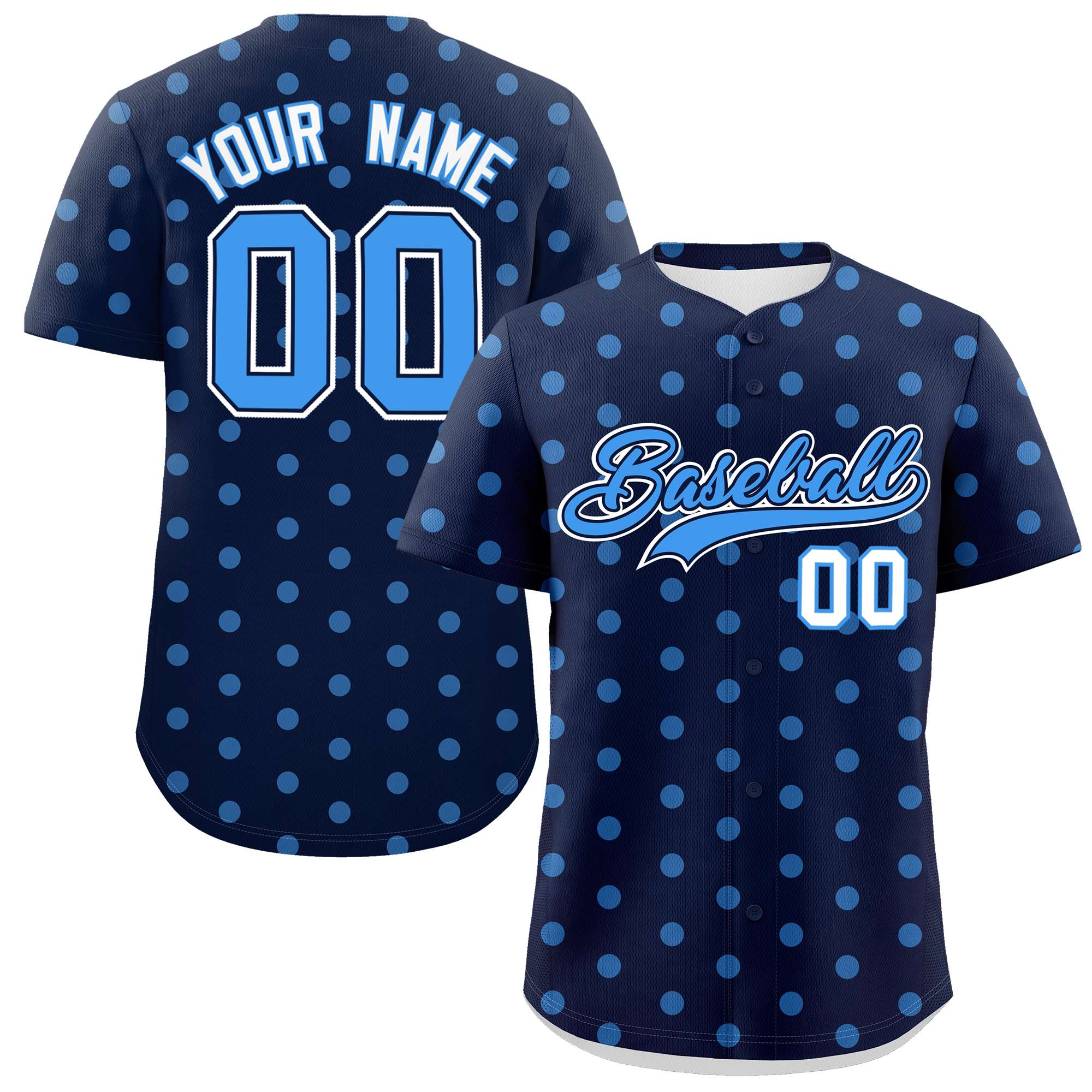 Custom Navy Powder Blue Personalized Polka Dot Graffiti Pattern Authentic Baseball Jersey