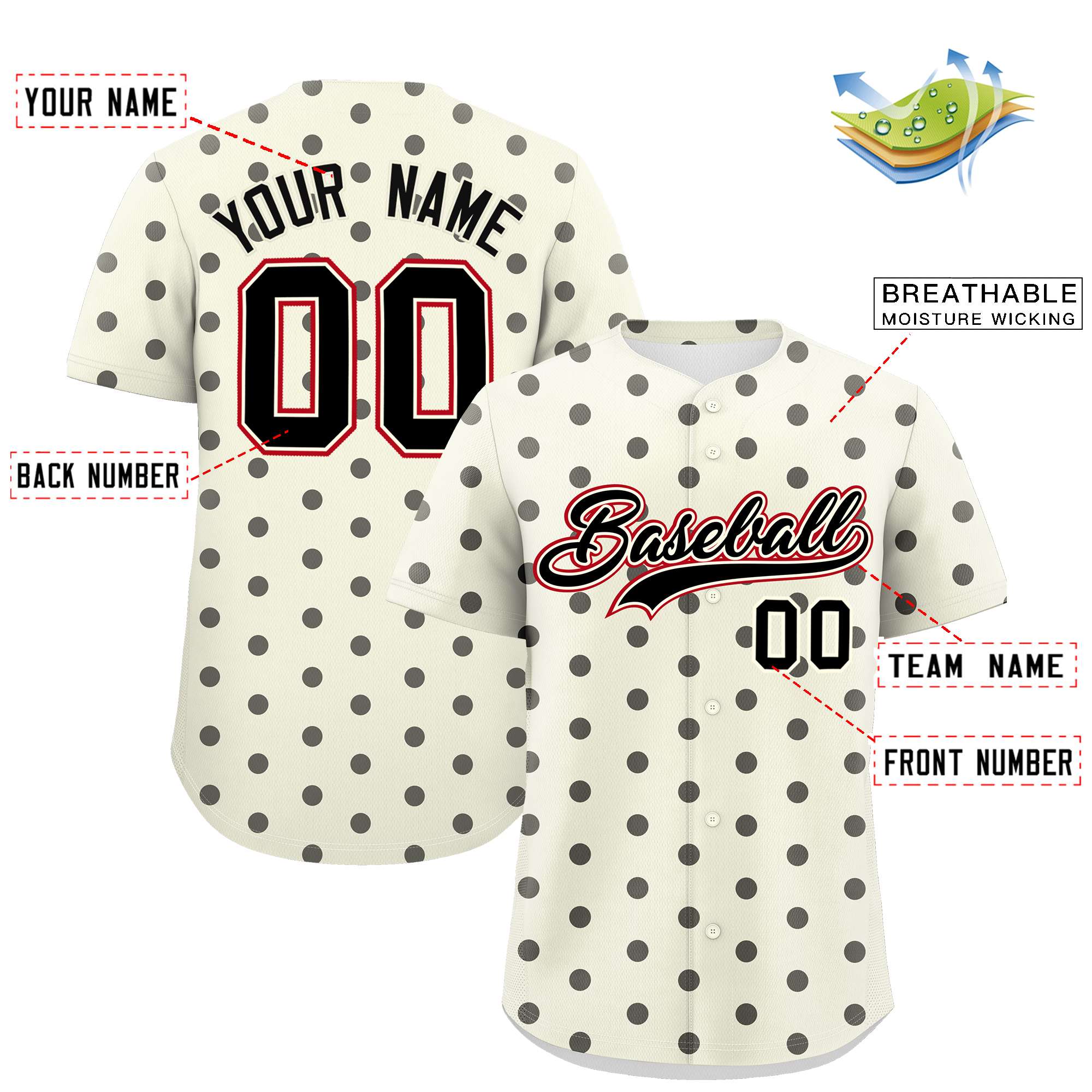 Custom Cream Black Personalized Polka Dot Graffiti Pattern Authentic Baseball Jersey