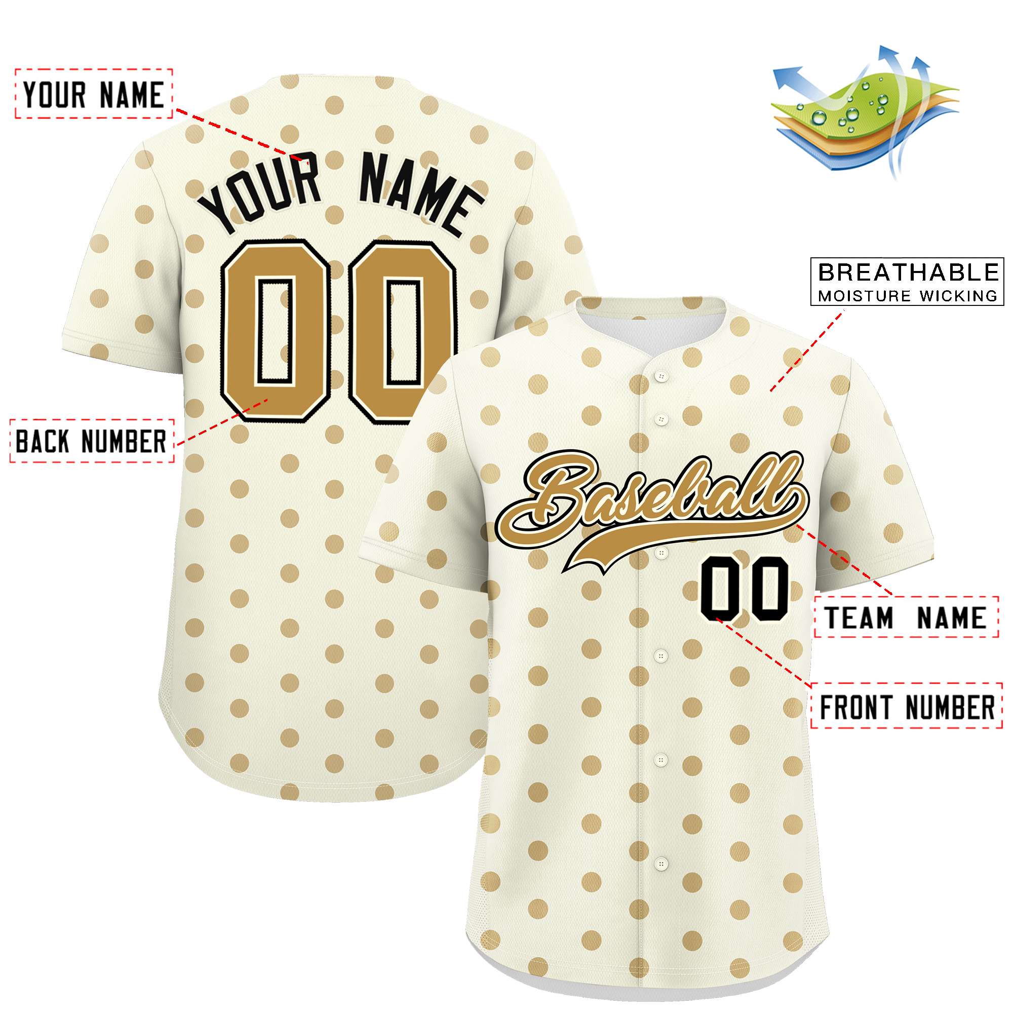 Custom Cream Old Gold Personalized Polka Dot Graffiti Pattern Authentic Baseball Jersey