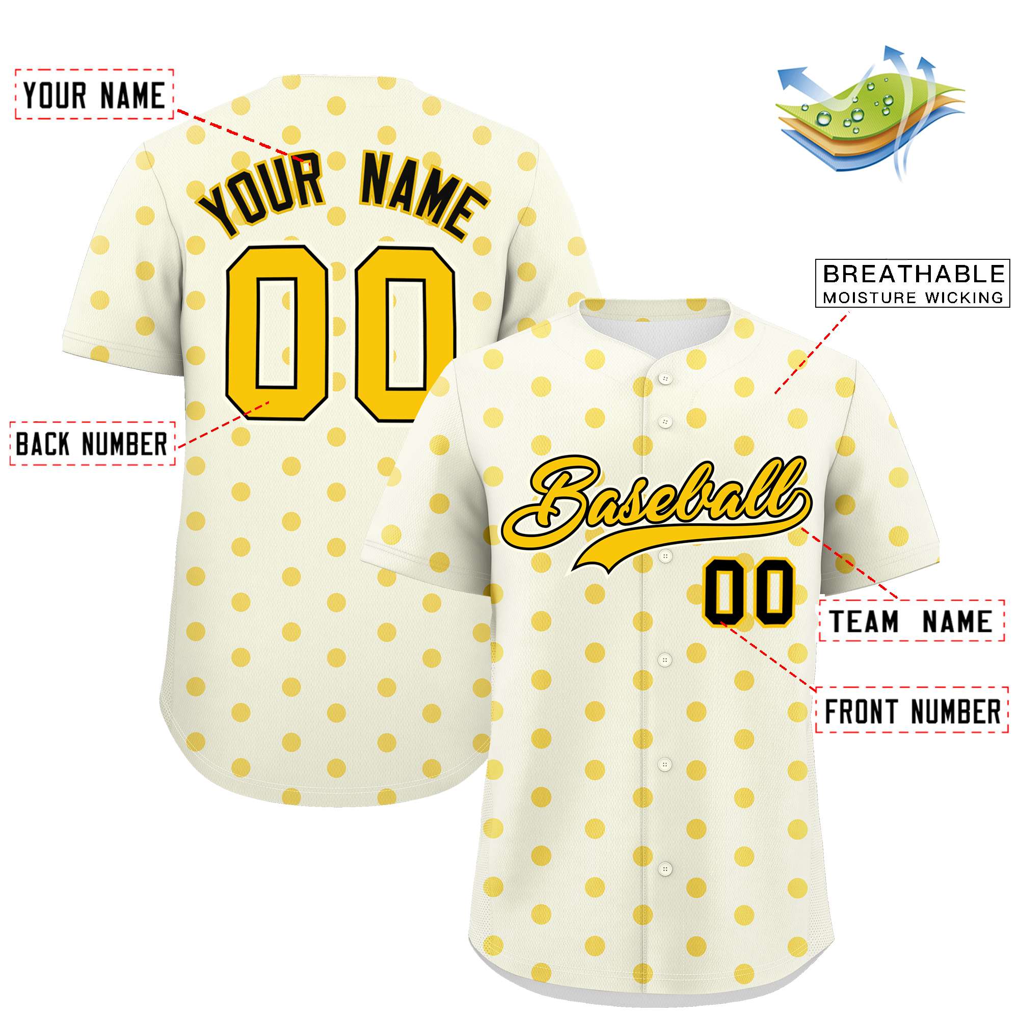 Custom Cream Gold Personalized Polka Dot Graffiti Pattern Authentic Baseball Jersey