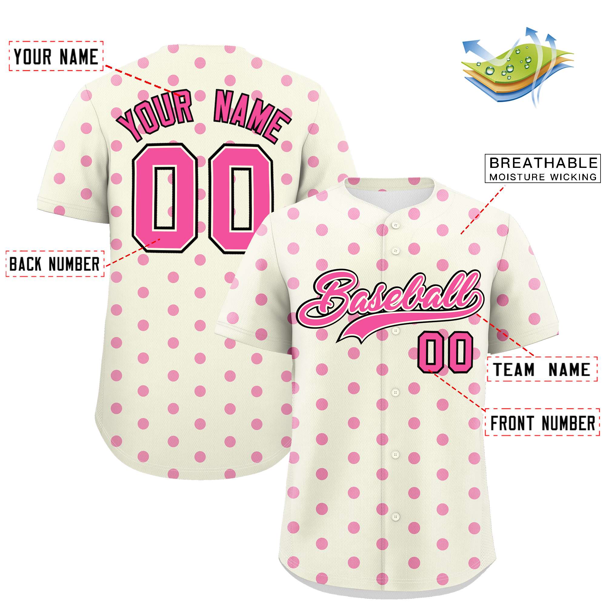 Custom Cream Pink Personalized Polka Dot Graffiti Pattern Authentic Baseball Jersey