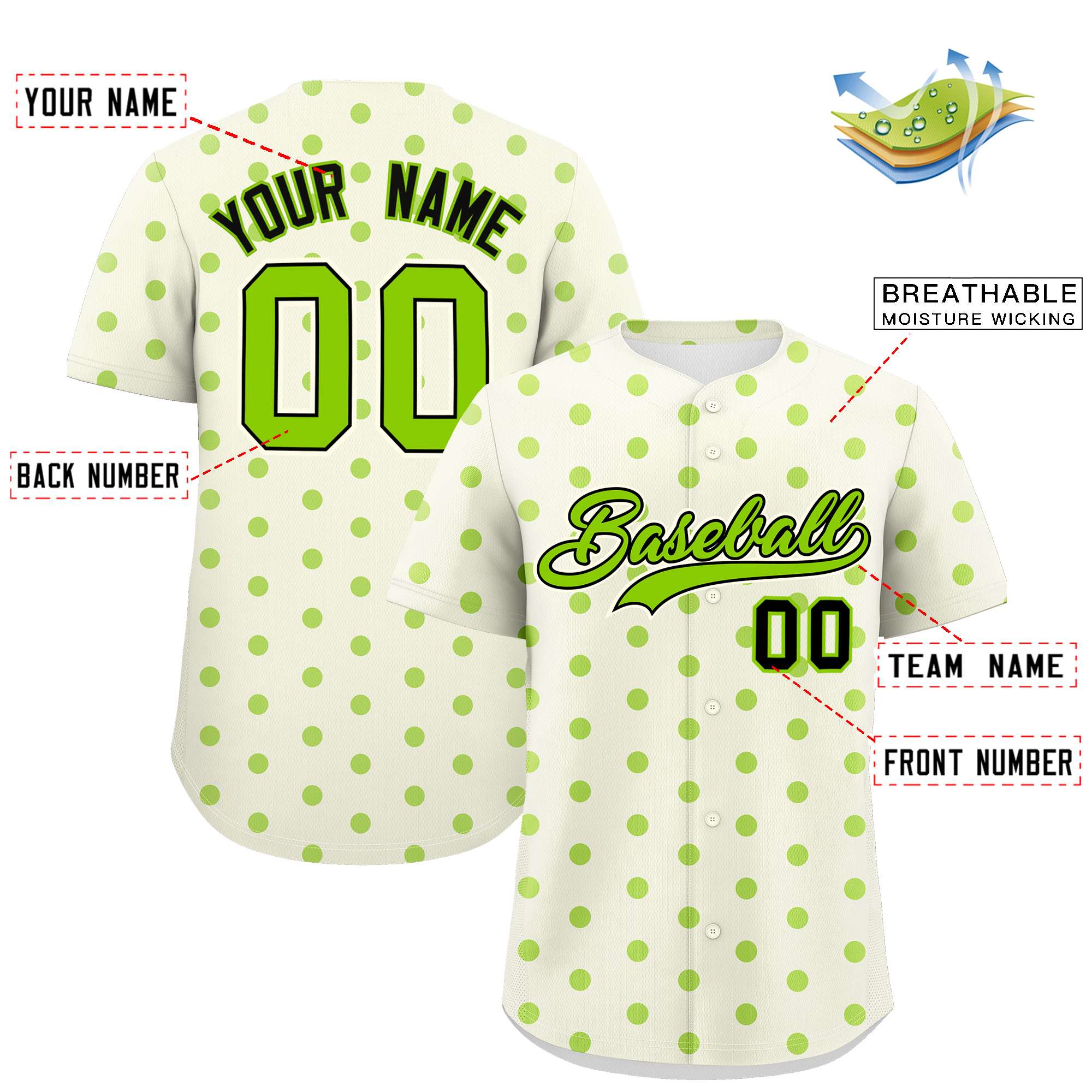 Custom Cream Neon Green Personalized Polka Dot Graffiti Pattern Authentic Baseball Jersey