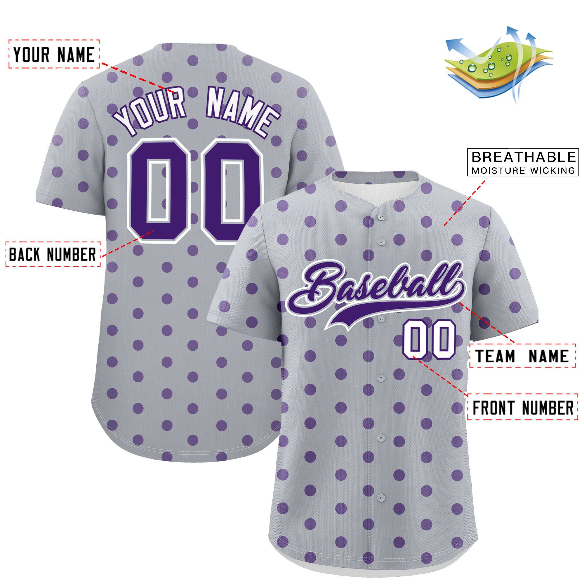 Custom Gray Purple Personalized Polka Dot Graffiti Pattern Authentic Baseball Jersey