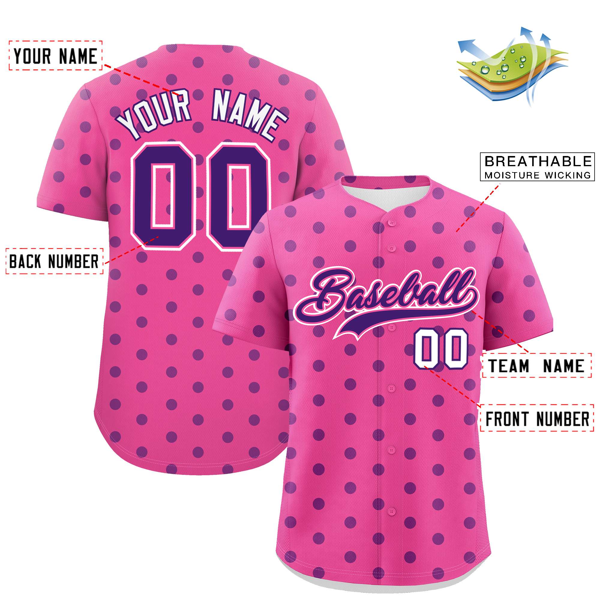 Custom Pink Purple Personalized Polka Dot Graffiti Pattern Authentic Baseball Jersey