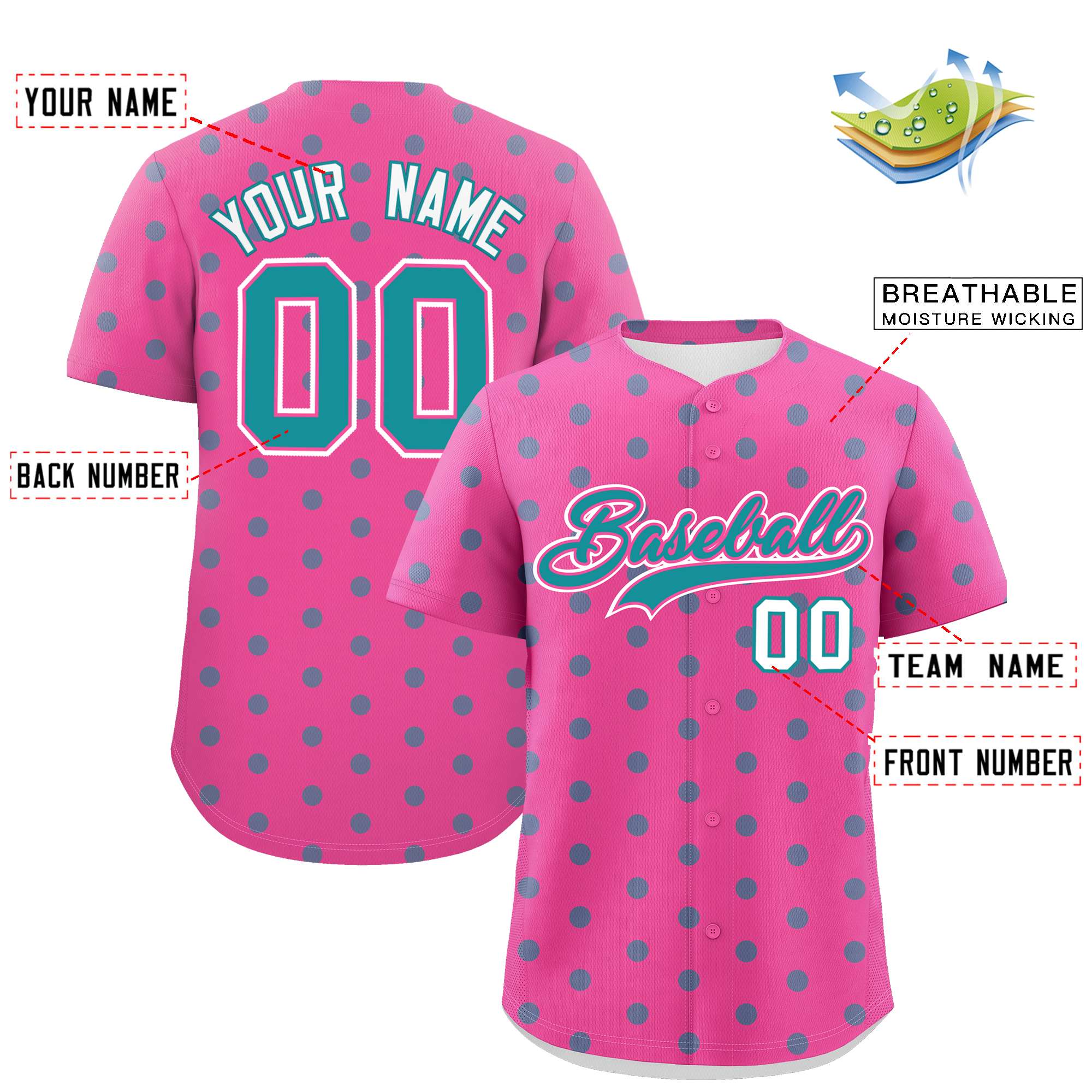 Custom Pink Aqua Personalized Polka Dot Graffiti Pattern Authentic Baseball Jersey