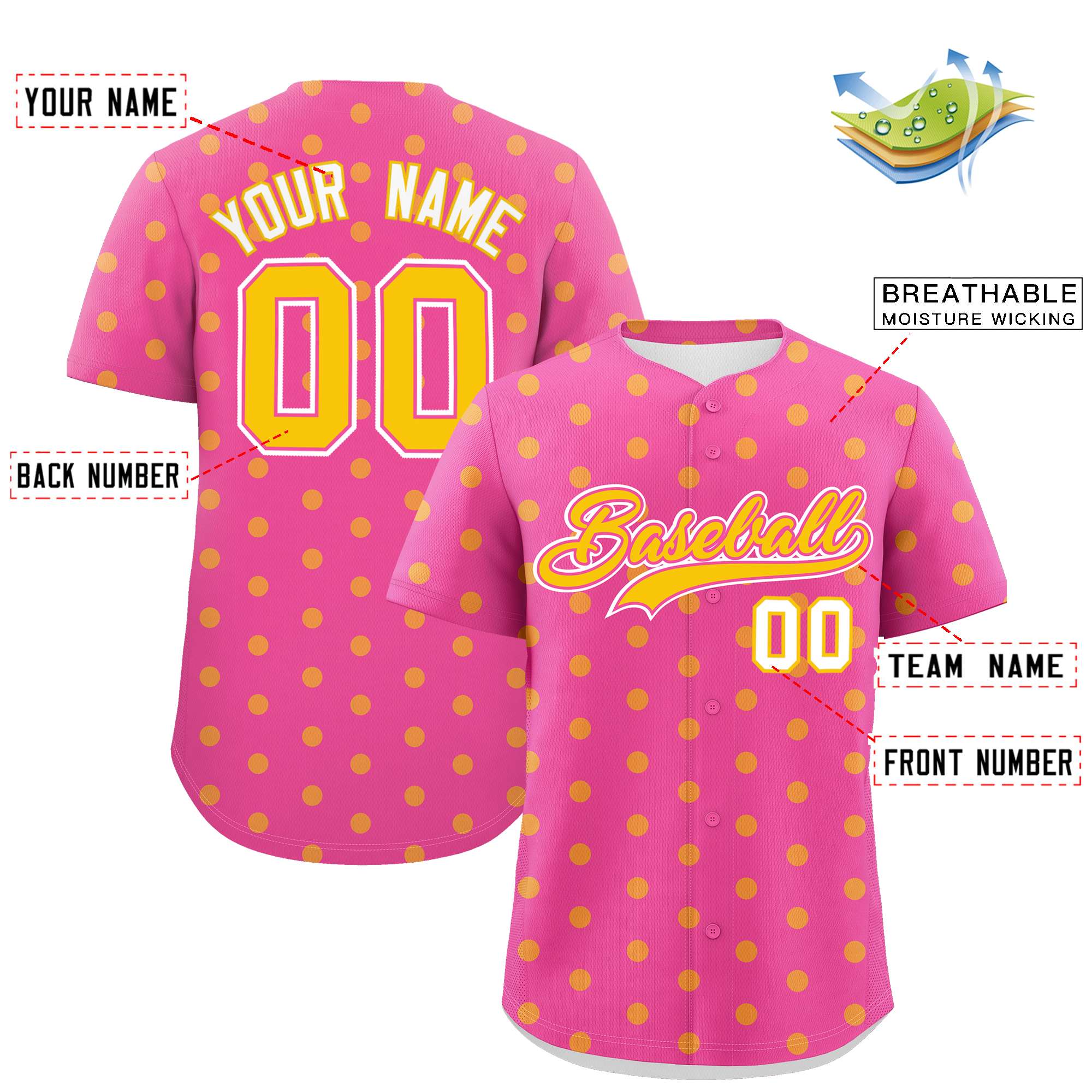 Custom Pink Gold Personalized Polka Dot Graffiti Pattern Authentic Baseball Jersey