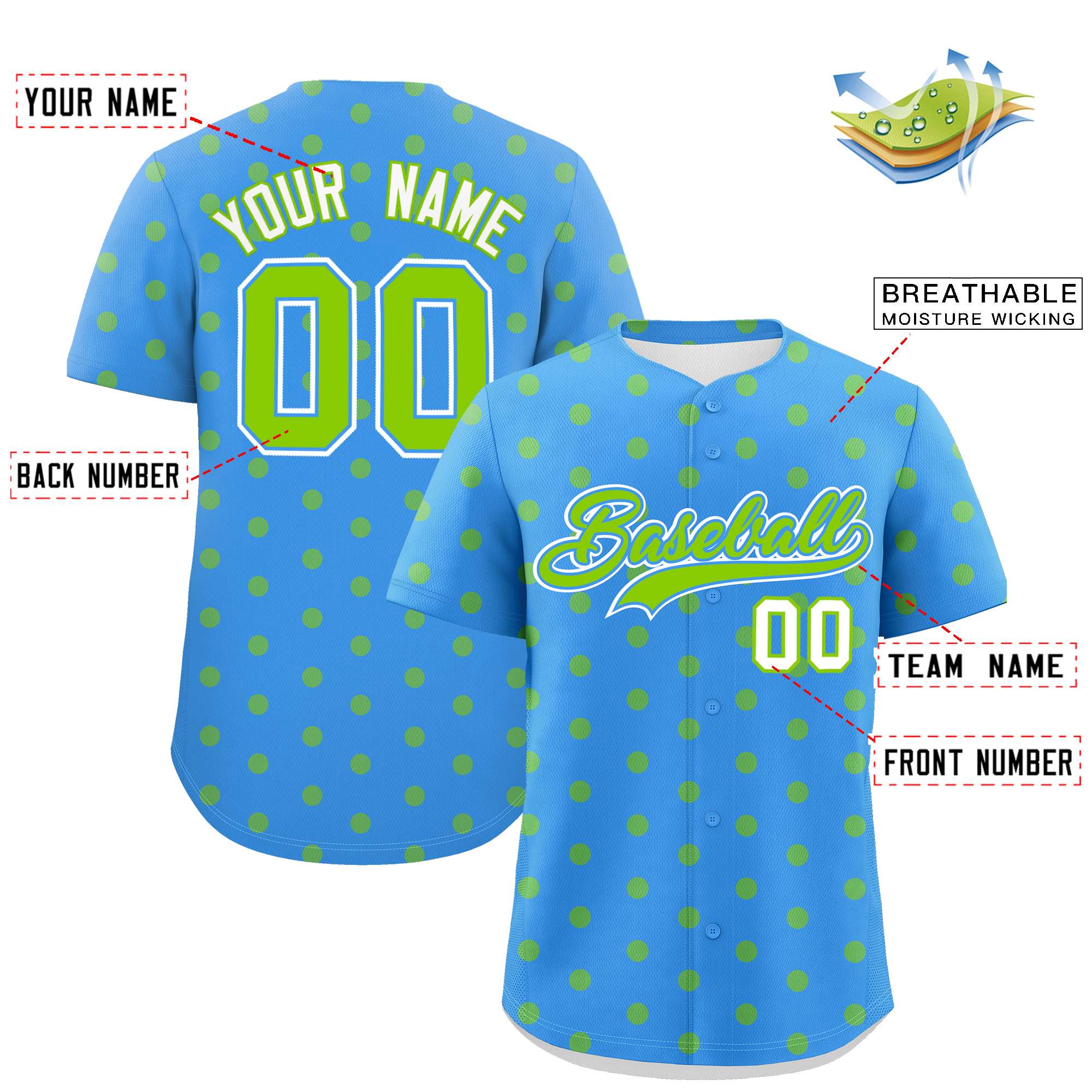 Custom Powder Blue Neon Green Personalized Polka Dot Graffiti Pattern Authentic Baseball Jersey