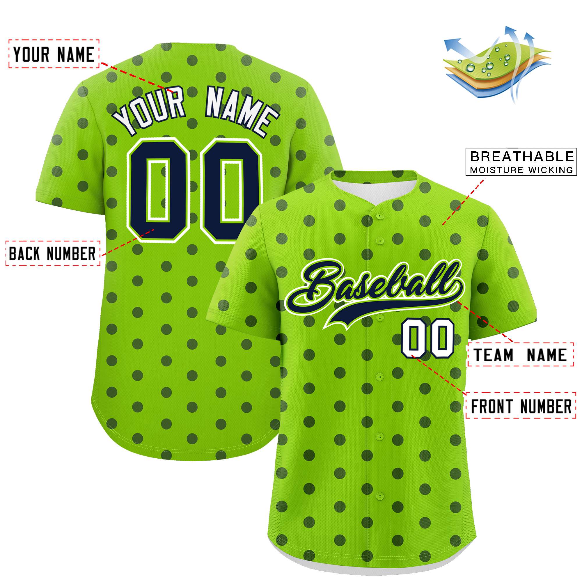 Custom Neon Green Navy Personalized Polka Dot Graffiti Pattern Authentic Baseball Jersey