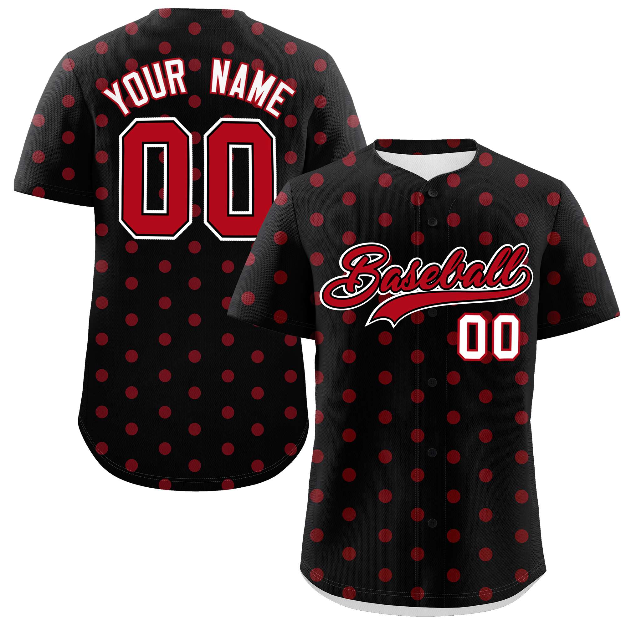 Custom Black Red Personalized Polka Dot Graffiti Pattern Authentic Baseball Jersey