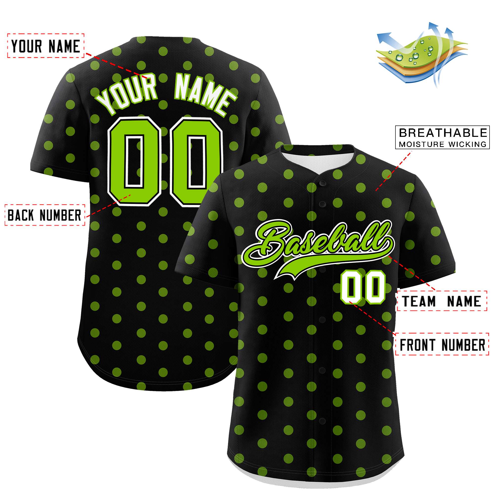 Custom Black Neon Green Personalized Polka Dot Graffiti Pattern Authentic Baseball Jersey