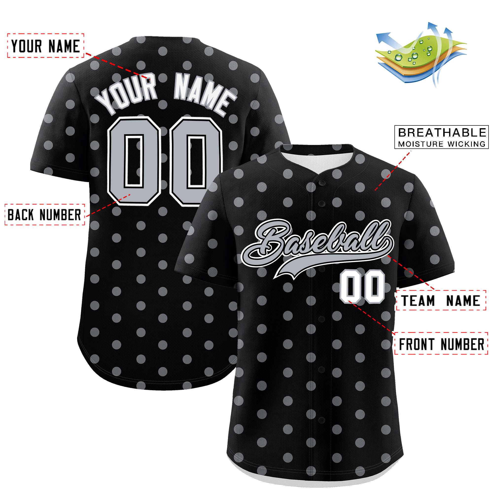 Custom Black Gray Personalized Polka Dot Graffiti Pattern Authentic Baseball Jersey